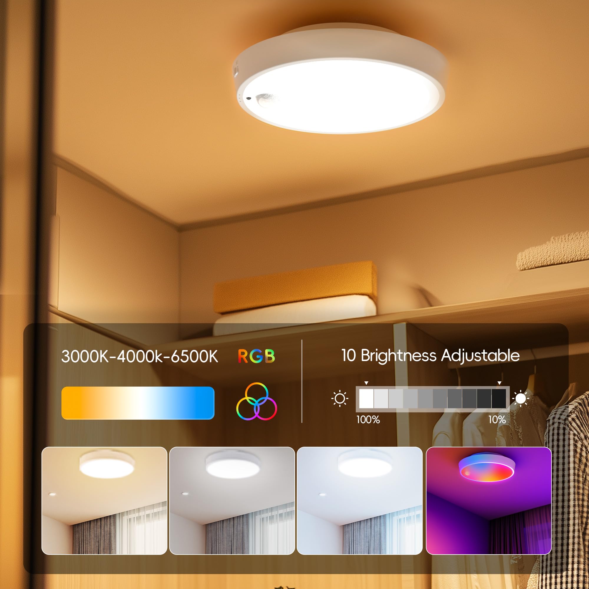 Molrebe Motion Sensor Ceiling Light, Rechargeable Battery Operated Ceiling Light With 15 Color Temperatures, Motion Activated Closet Light With Magnetic Base For Shower Bathroom Closet Porch Hallway