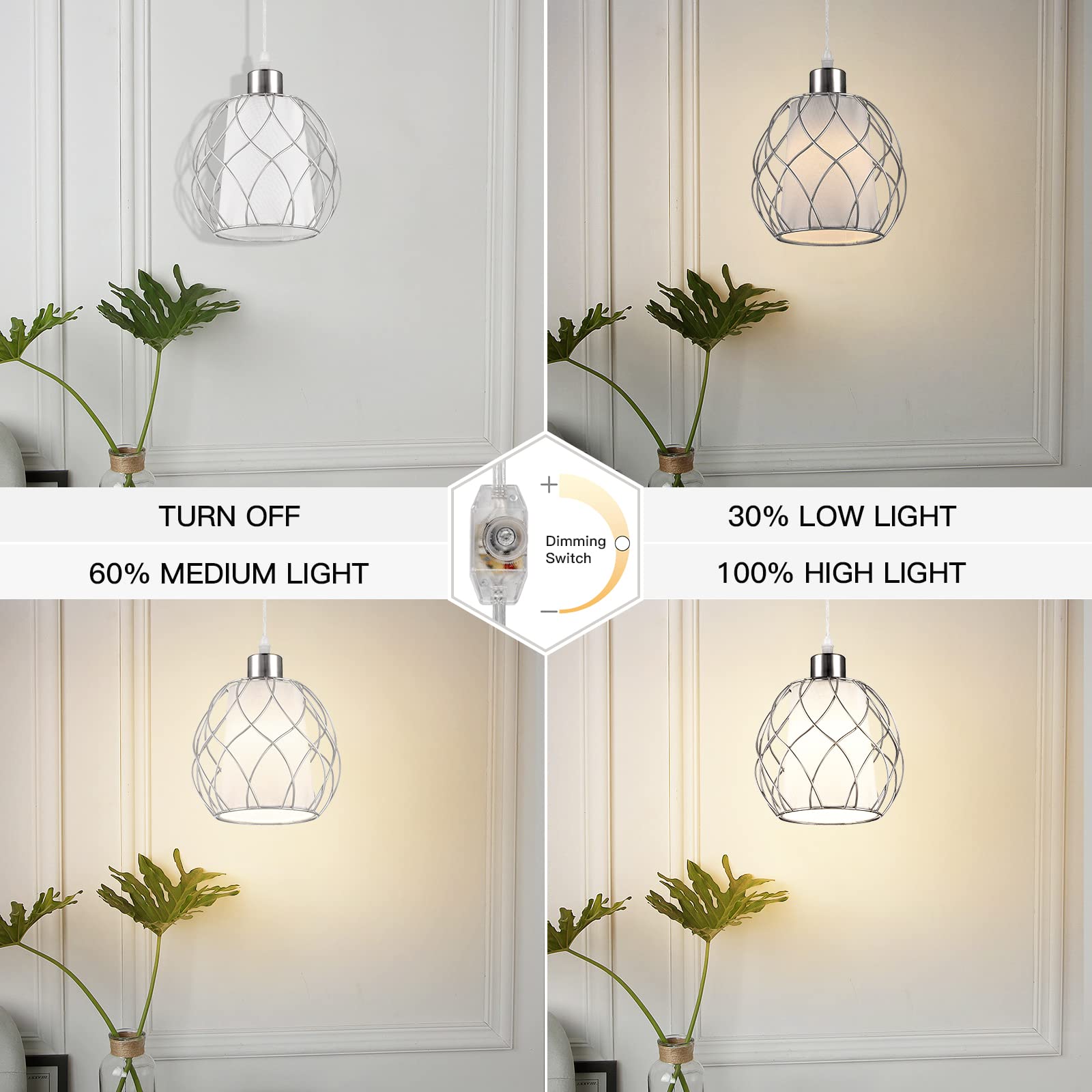Ruzectt Plug In Pendant Light,Hanging Light With Plug In Cord,Silver Hanging Lamp With Dimmable Switch,15 Ft Clear Cord,Hanging Light Fixture For Kitchen Island Living Room Bedroom (Bulb Included)