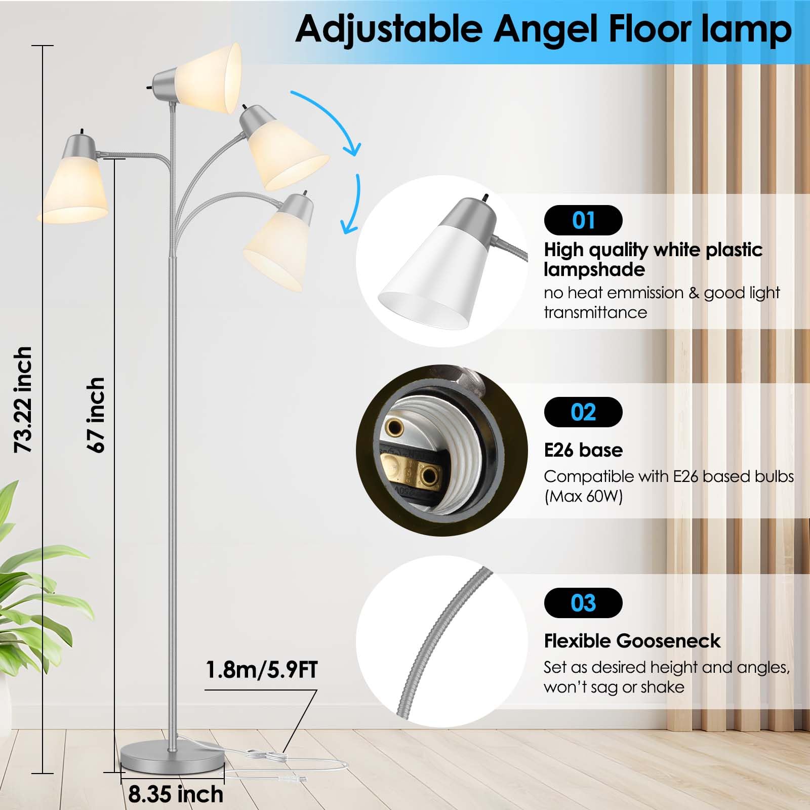 Coucrek Adjustable Gooseneck Floor Lamp, Gray Plastic Shade, Model F122, Ideal for Living Room & Dorm
