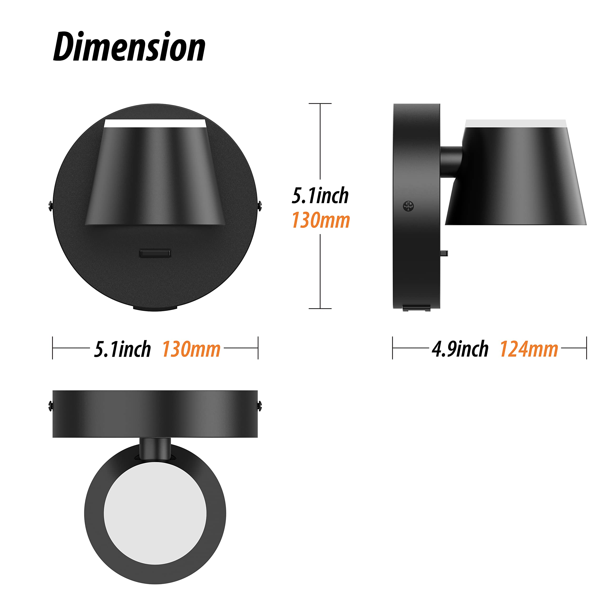 URSOLA LED Wall Sconce with On/Off Switch, USB Port, 350° Rotatable, Hardwired, Black, Model 7540-1T, 1 PC