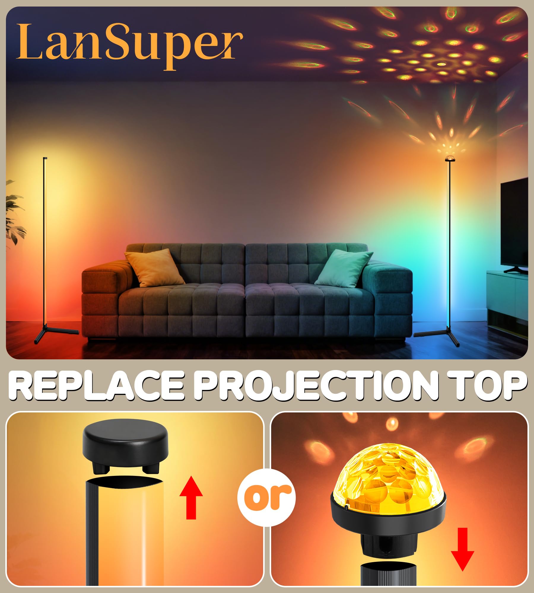 Lansuper Uplighter Corner Floor Lamp  Smart Rgb Led Corner Floor Lamp Modern Projector Floor Lamp With App & Remote Ambient Lighting Color Changing Standing Lamp With Music Sync For Living Room