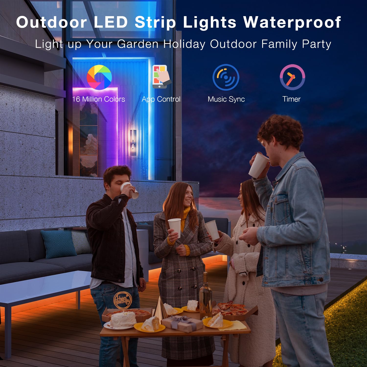 DAYBETTER Outdoor LED Strip Lights, 100ft IP67 Waterproof, RGB Color Changing, Music Sync APP Control, Multicolor, Model TTGA001