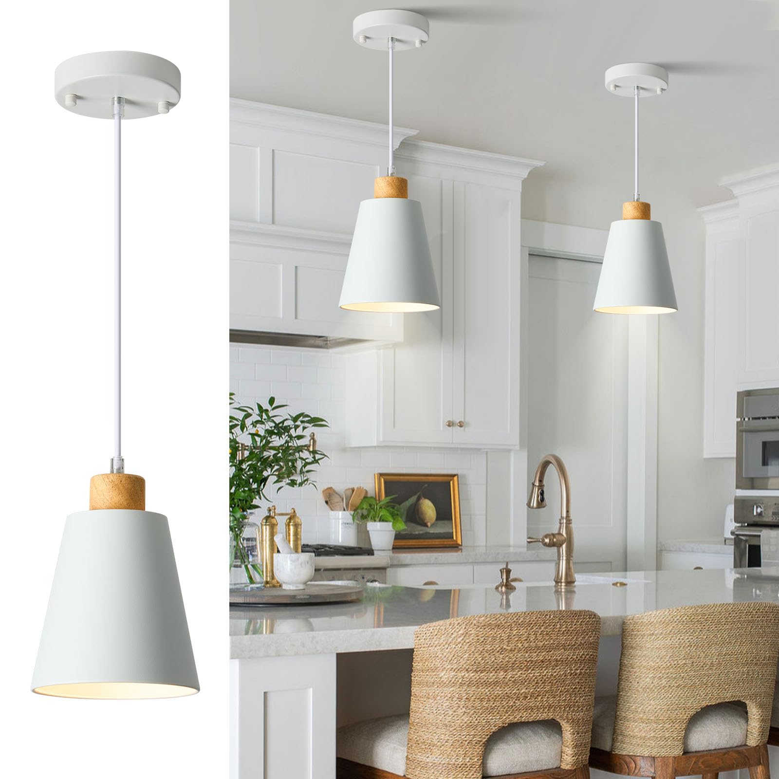 FISGONI White Pendant Light Kitchen Island Wood Pendant Lighting Mini Modern Hanging Light Small Pendant Light Fixture for Dinin