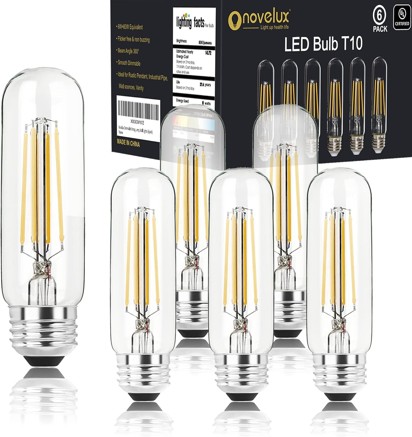 NOVELUX E26 LED Bulb 6W 5000K Daylight White T10 5 Inch Clear Glass Tubular Dimmable (6 Pack)
