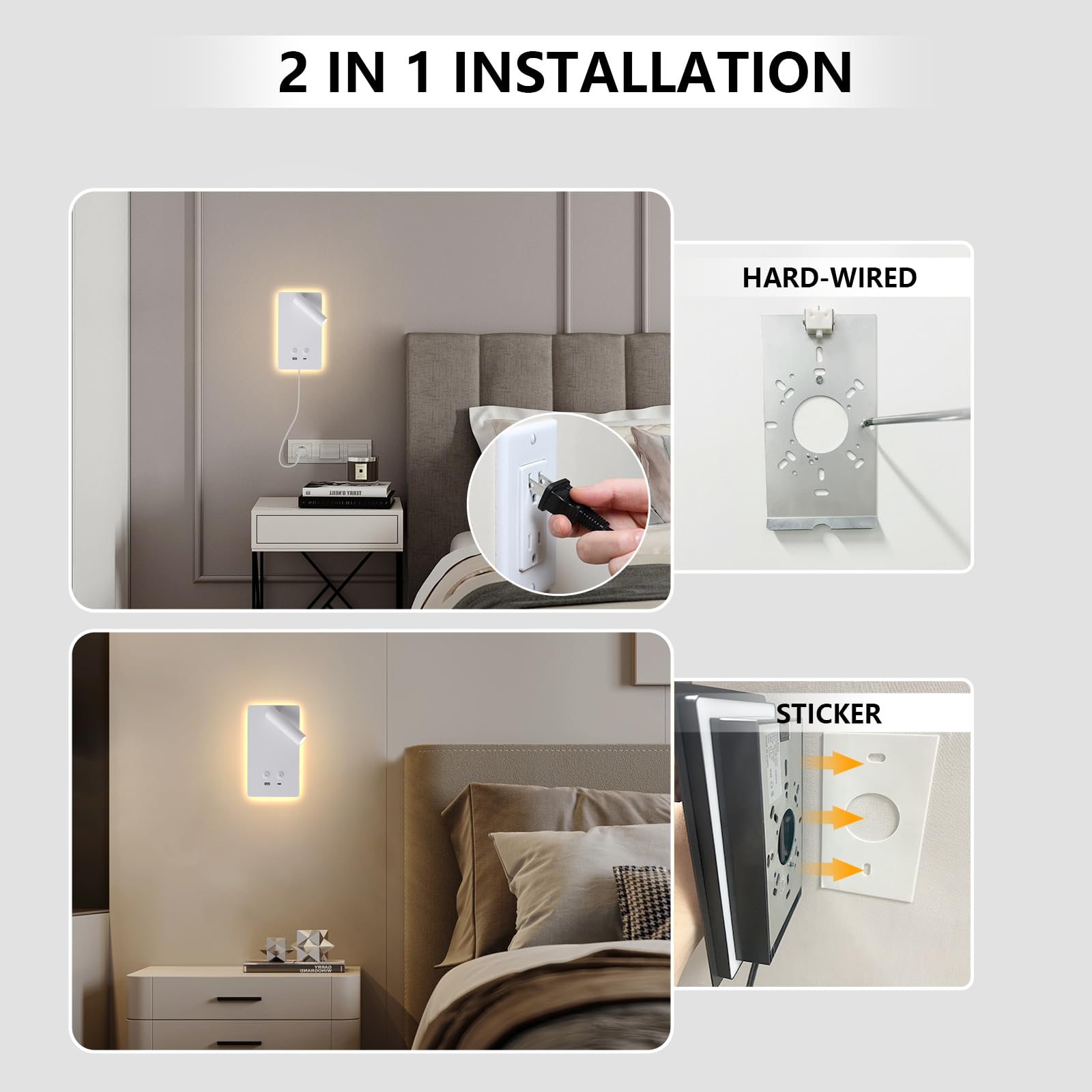 MOLUOLA LIGHTING LED Wall Lamp, Dimmable 3 Brightness, Aluminum, 1 Pack, White, Model S07G, with USB C+A Ports