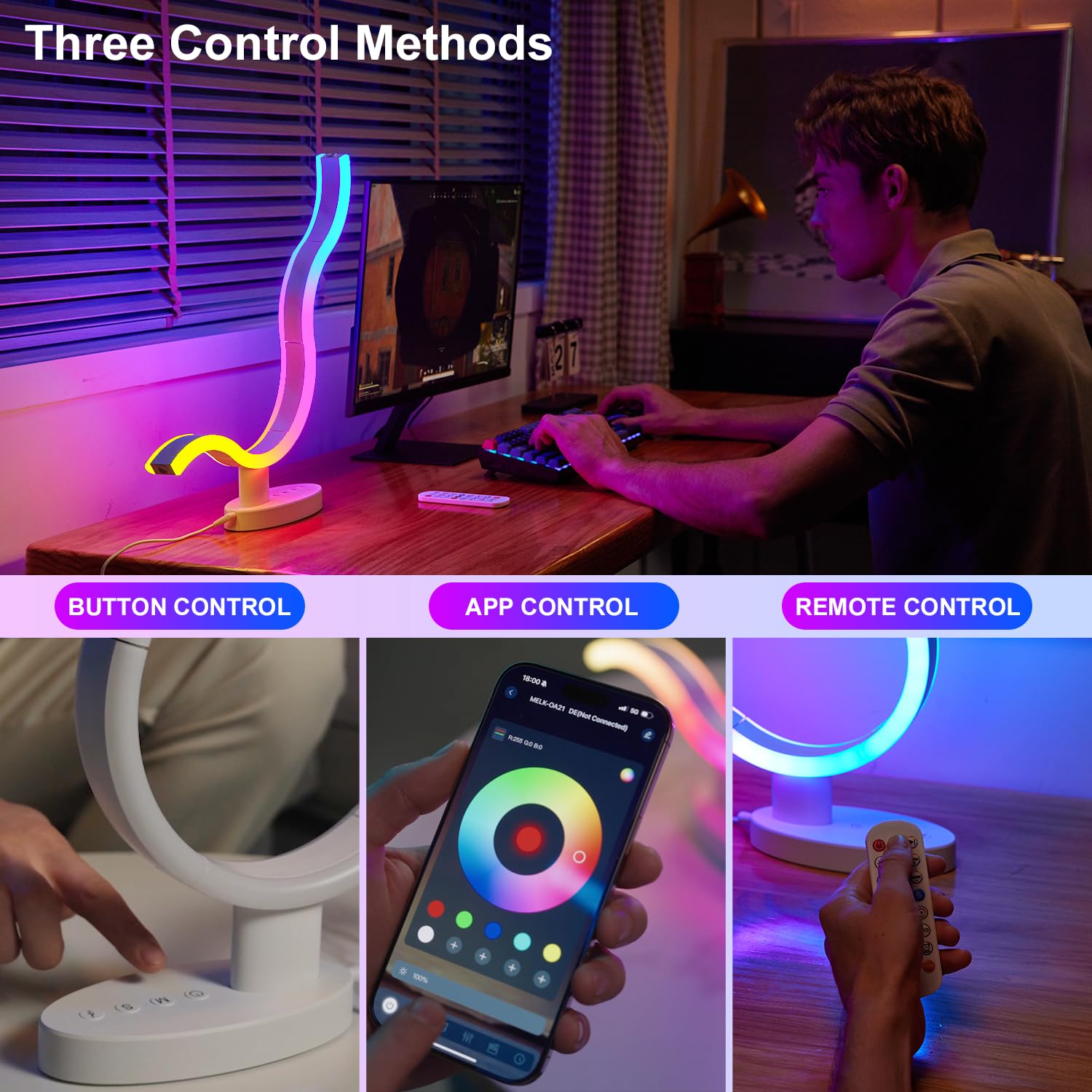 Transformable Smart RGB+IC Modern Table Lamp, Sync Music Color Changing Table Light for Game, Parties, Ring-Shaped Night Light f