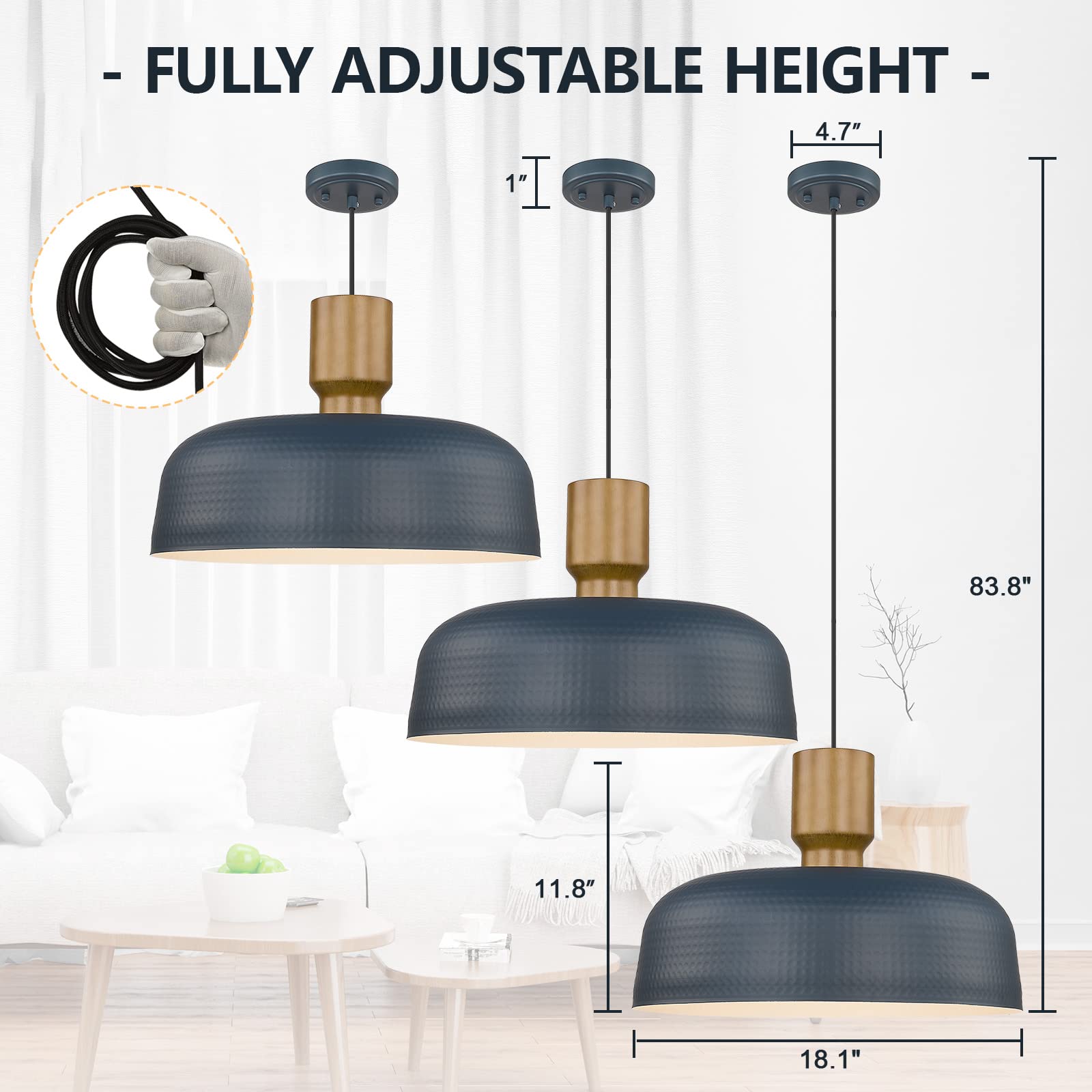 Darkaway Industrial Pendant Light Fixtures, Large 2 Pack, Hammered Metal Shade, Blue, 18.1" Adjustable Height for Kitchen Island