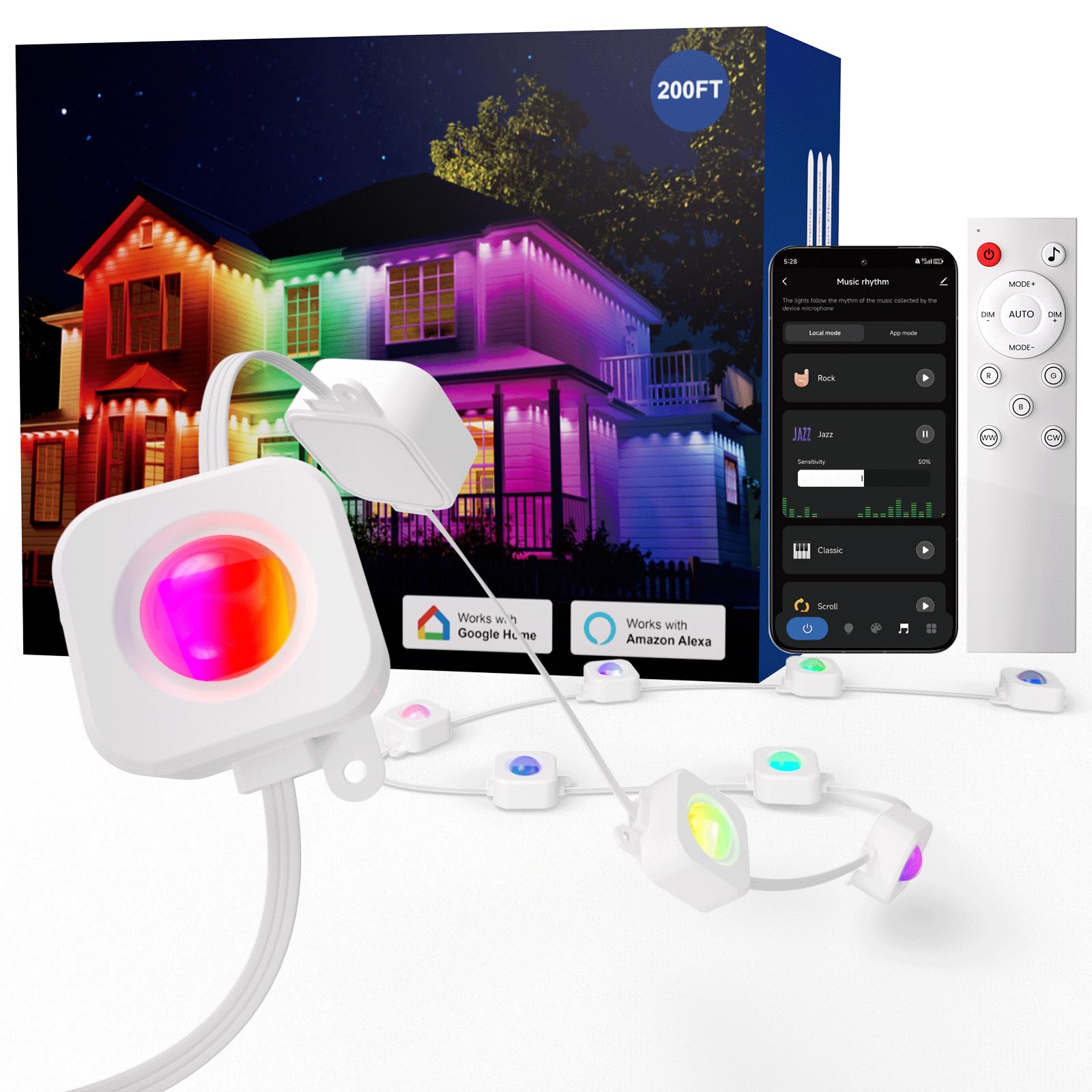 HUTAKUZE Outdoor RGB Christmas Lights, 200ft, 120 LED, IP67 Waterproof, Smart APP & Remote Control, Multicolor, Model C5113