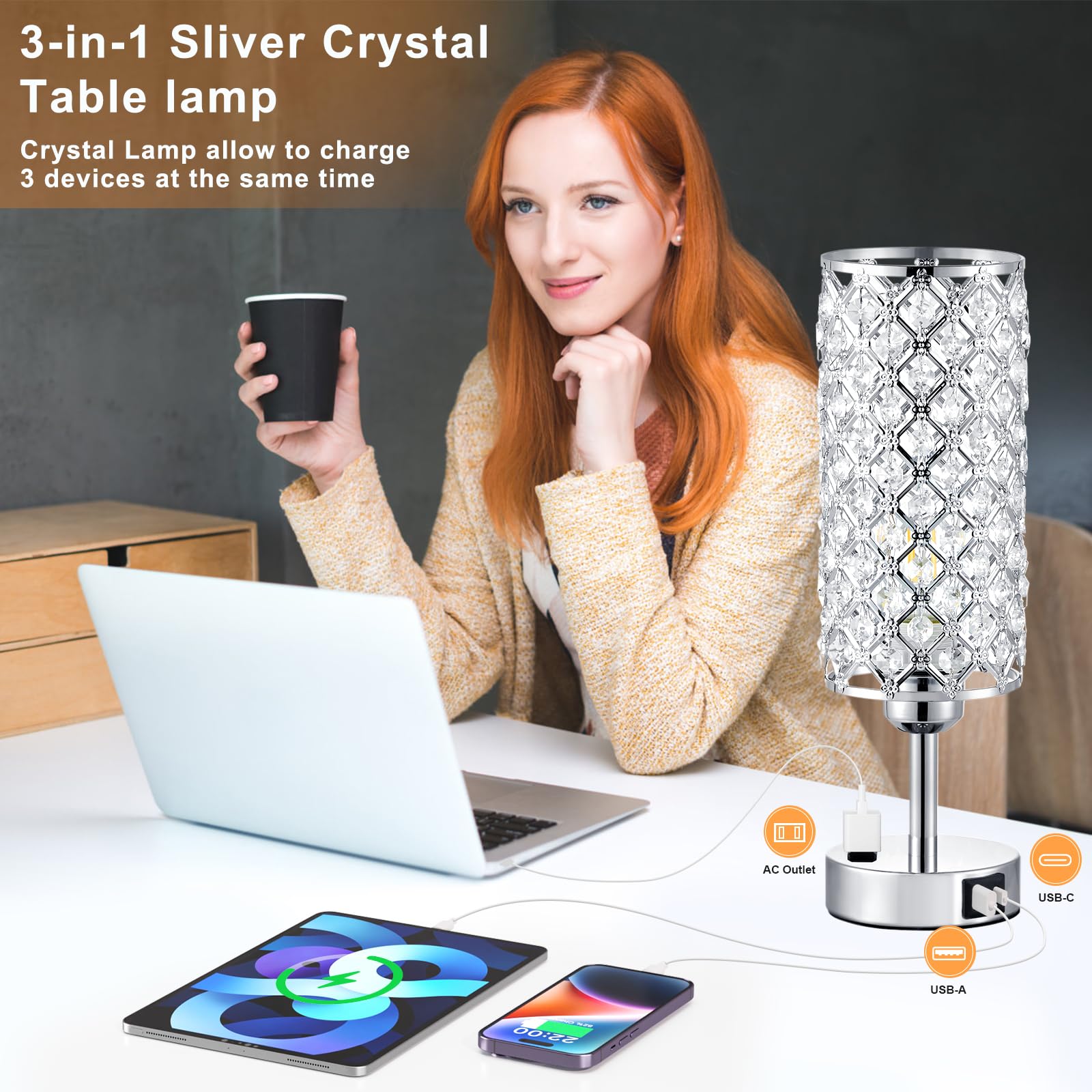 Hong-In Crystal Table Lamp, Lamp For Bedroom With Usbc-A+ Ac Charging Ports, 3 Way Dimmable Light With Crystal Lampshade, Bedsid