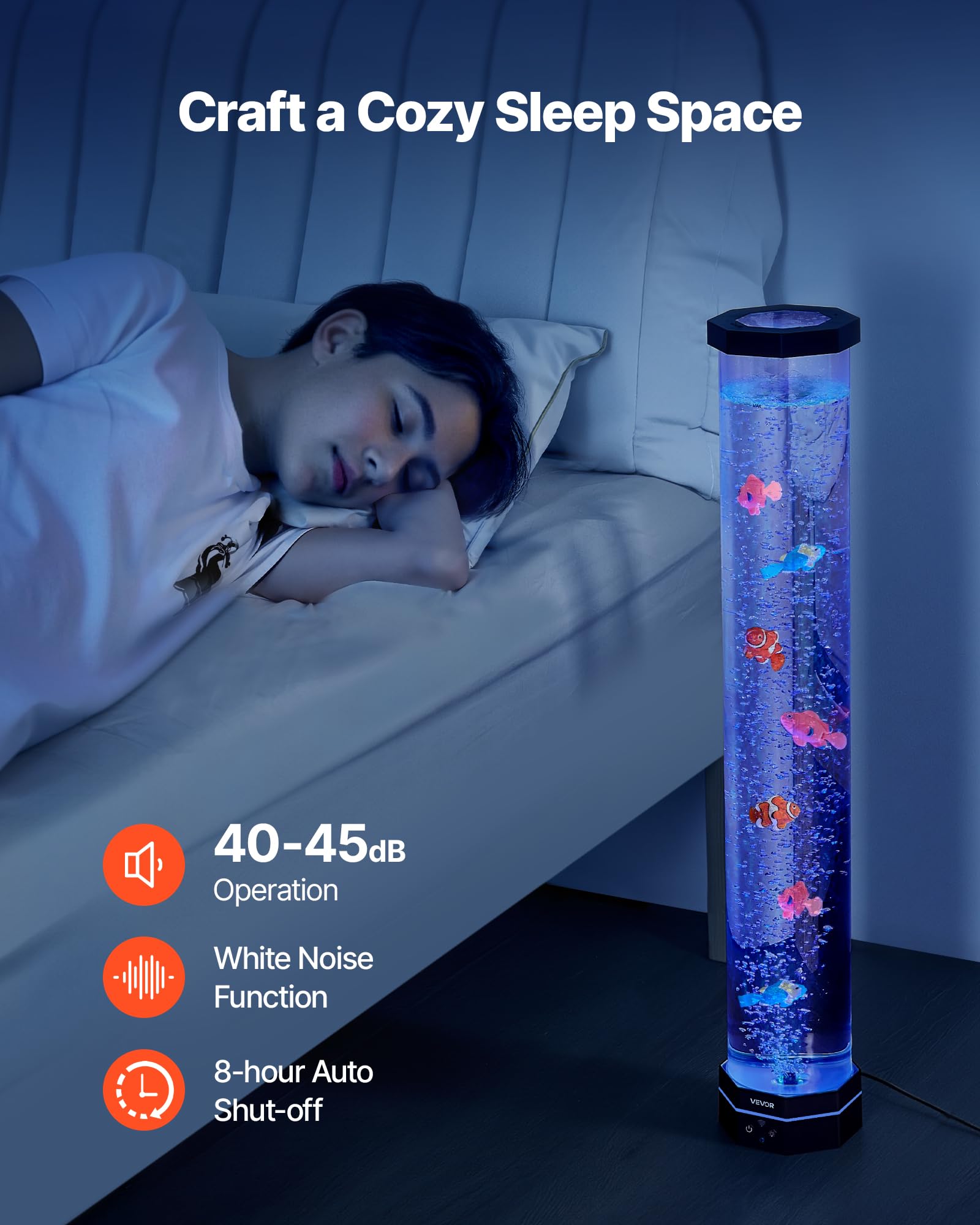 VEVOR Sensory Bubble Tube Lamp, 5 ft Plastic Bubble Fish Tube, Colorful with 10 Floating Fish & Remote Control, Model 8804B