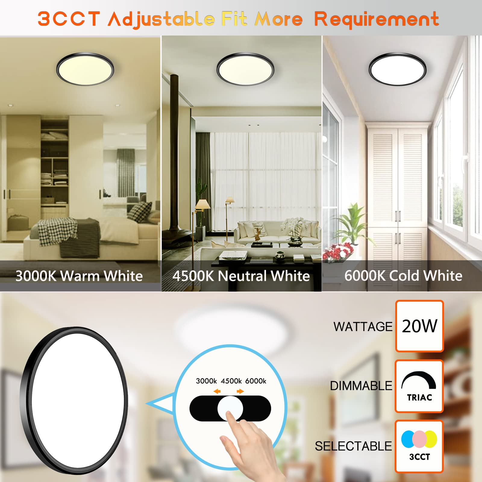 LZHOME LED Ceiling Light, 2800LM, Dimmable 3CCT, 9 Inch Flush Mount, 2 Pack, Black, Model LZ-XXD-9C