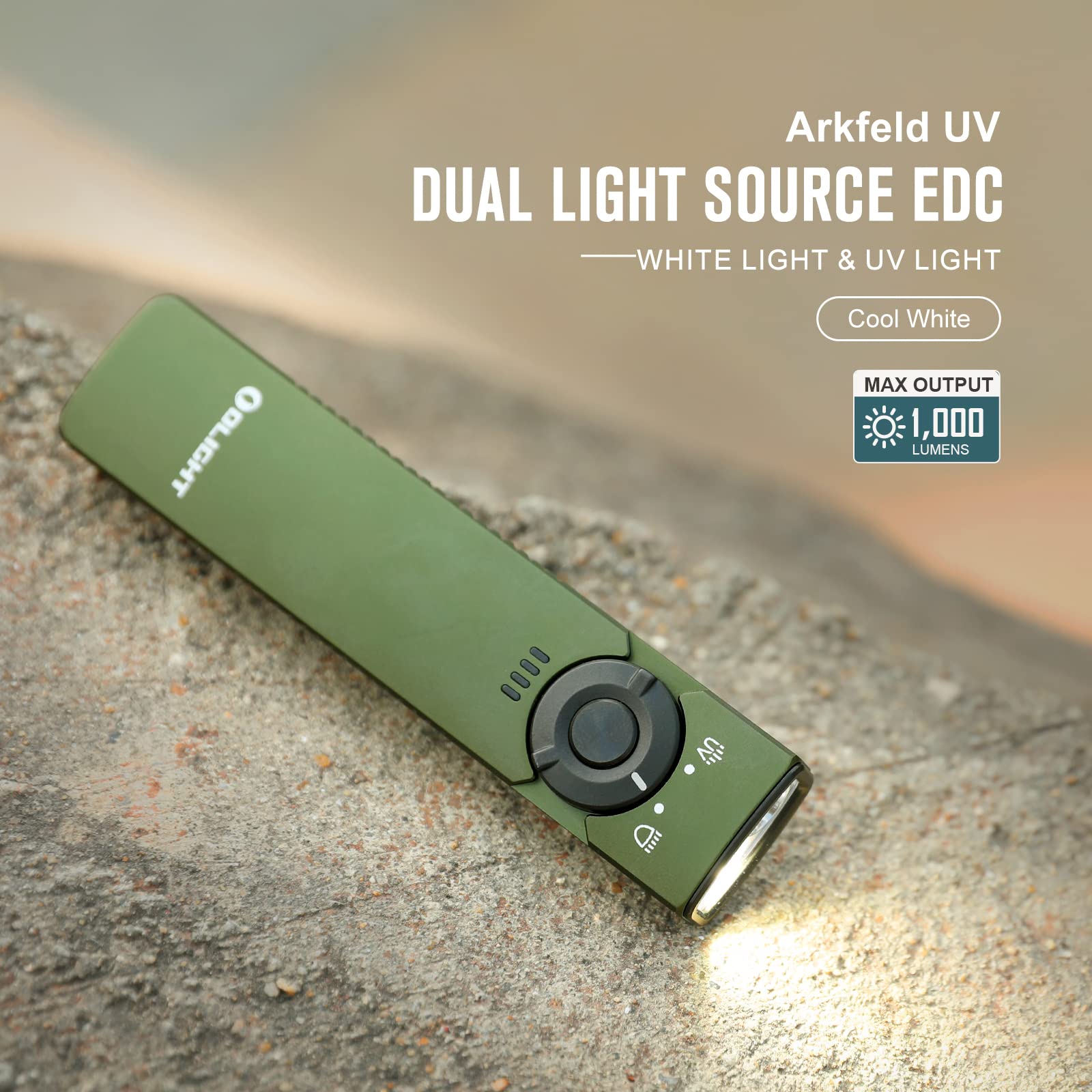 OLIGHT Arkfeld UV Rechargeable EDC Flashlight, 1000 Lumens, 365nm Blacklight, OD Green, Model O-AKUV-ODGCW#US-FBA