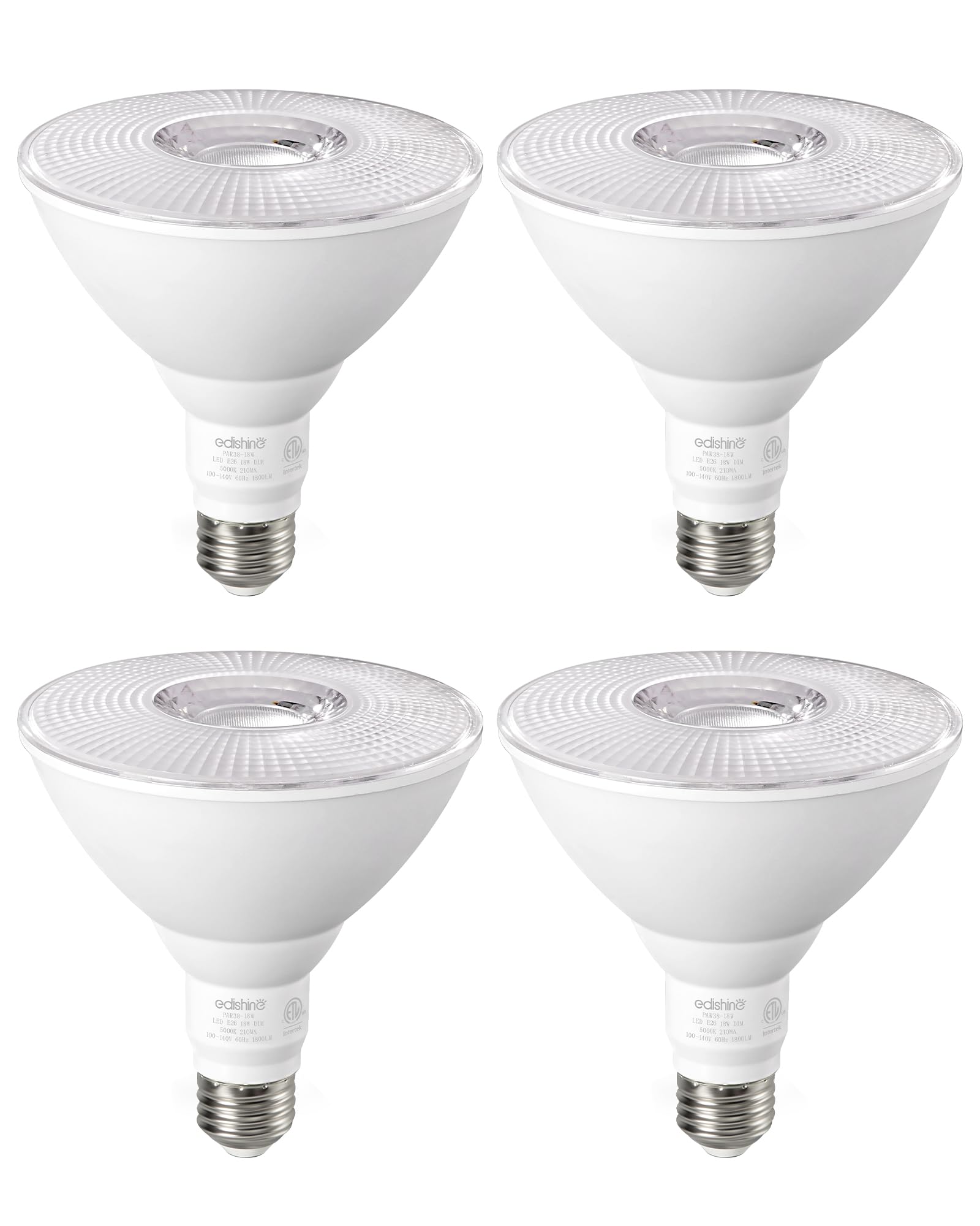 EDISHINE PAR38 Flood Light Bulbs, 18W Equivalent, Dimmable, Weatherproof, 5000K Daylight, 1800LM, E26, 4 Pack