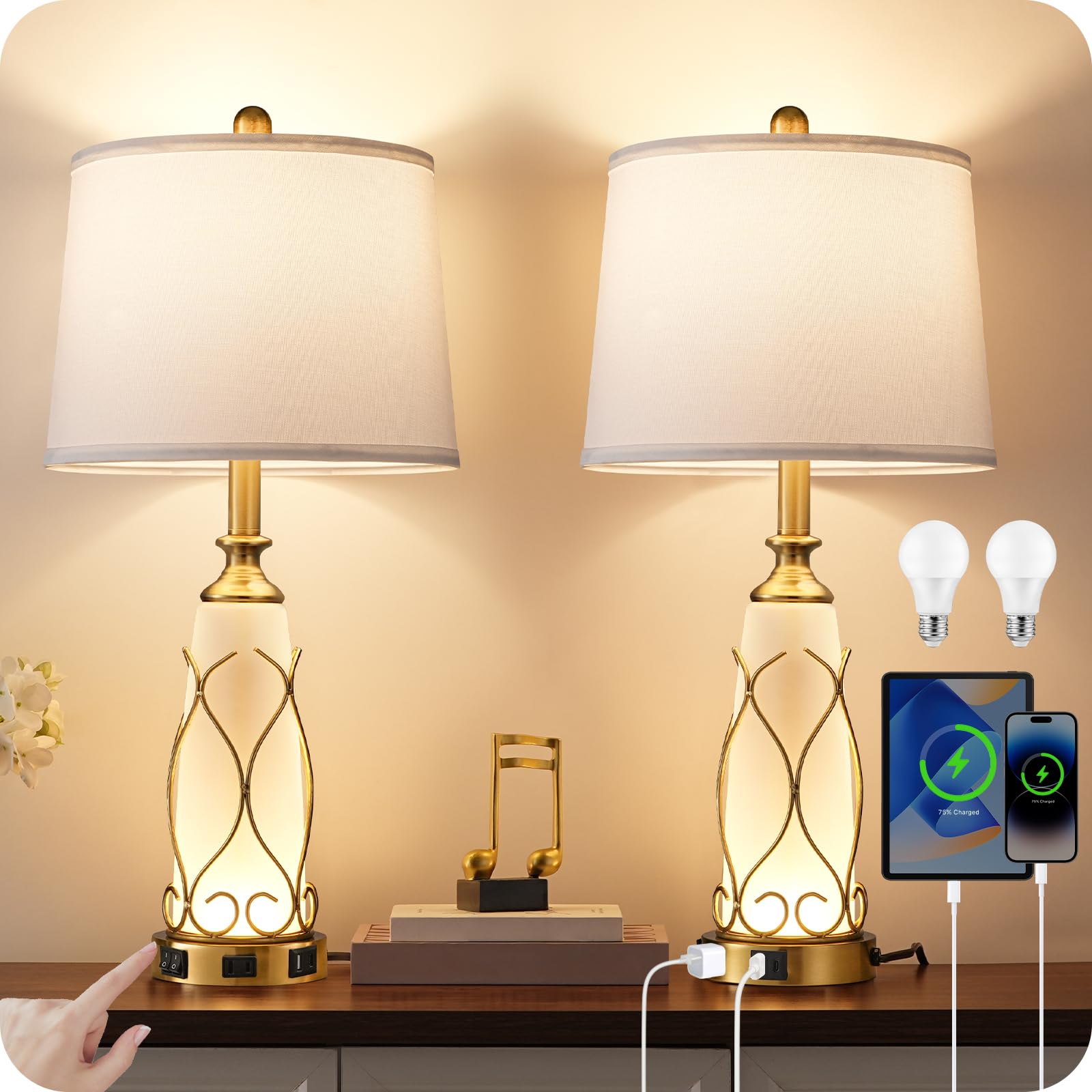GOEBLESON 25.6 Glass Gold Table Lamps Set of 2, Tall Bedside Lamps with Nightlight, Modern Nightstand Lamp with USB Ports, Desk 