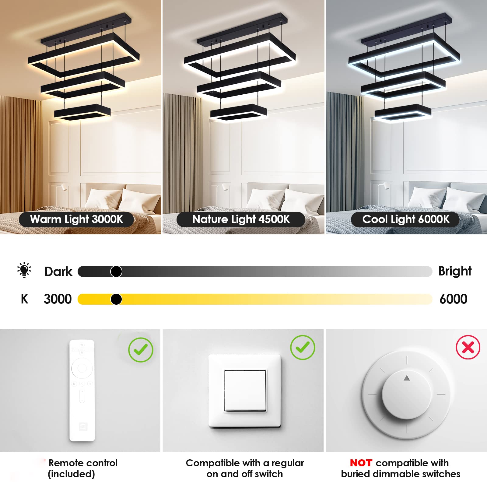 Modern Chandelier,Modern Led Chandelier,3 Rings Rectangle Chandelier For Living Room,Adjustable Height, Luxury Foyer Chandelier