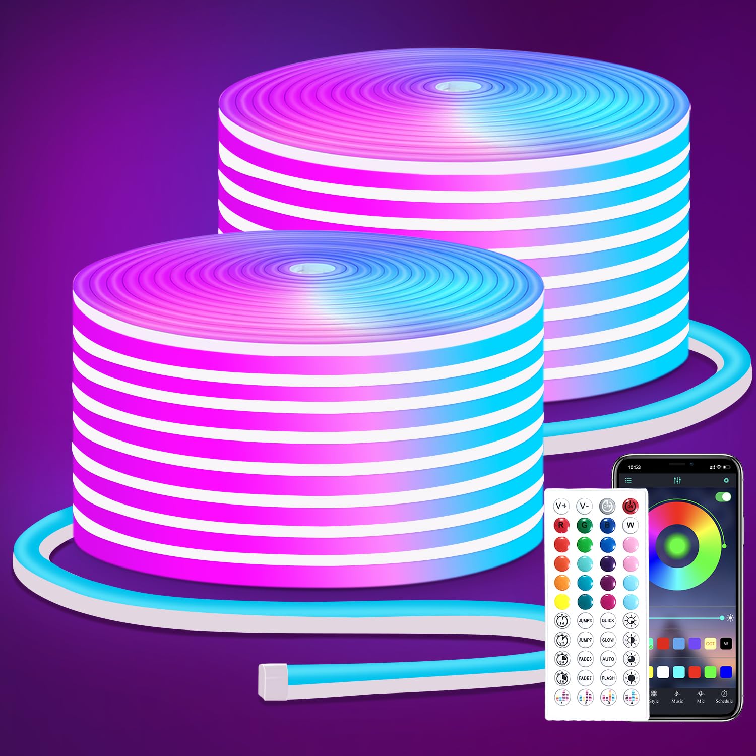 segrass 100FT RGB LED Neon Rope Lights, Remote/App Control, IP65 Waterproof, Multicolored, Flexible Neon Strip, Model: segrass-nh100FT3