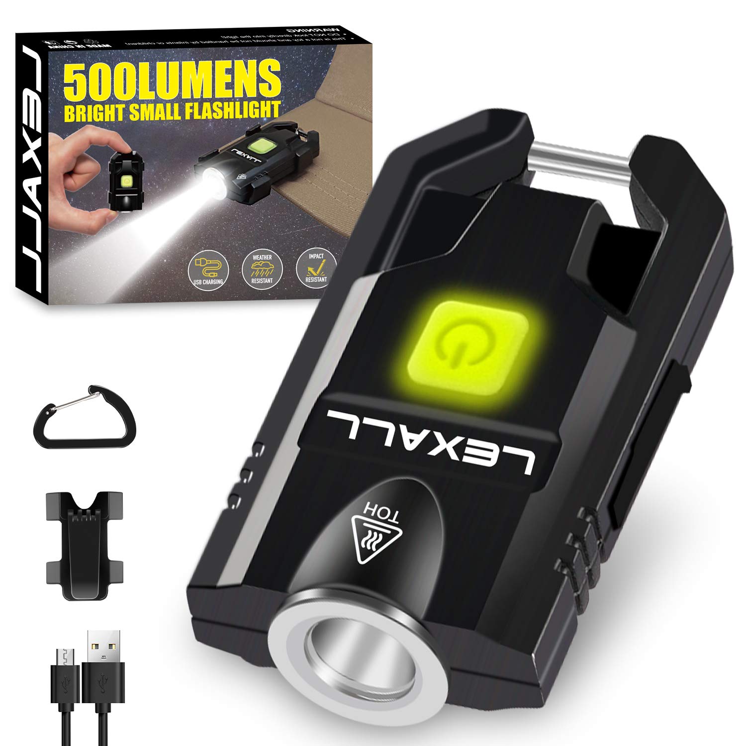 Lexall LED Mini Keychain Flashlight, 500 Lumens, Portable USB Rechargeable, Black