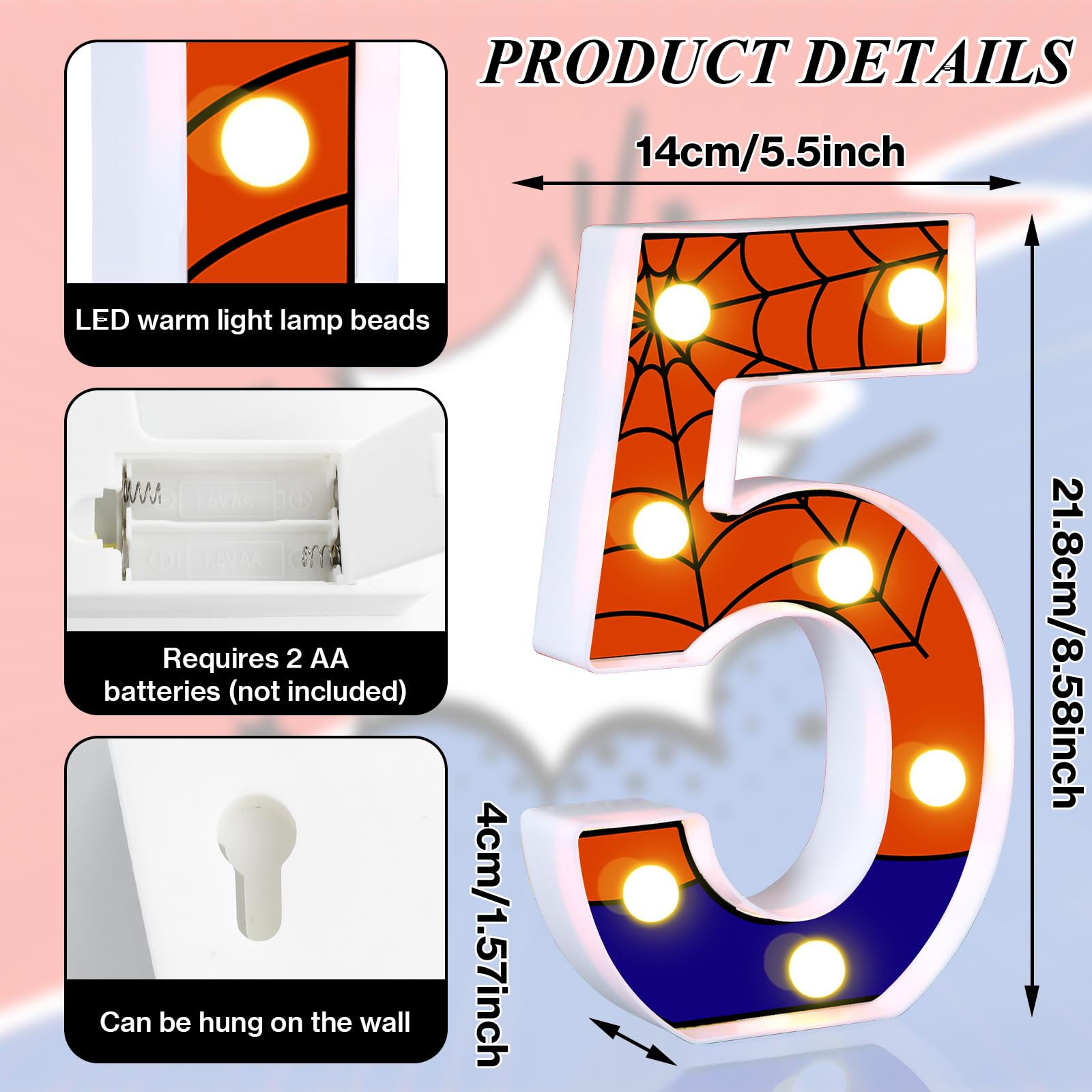 AXBMM Spider Light Up Birthday Sign, Number 5, LED, PP Plastic, Blue/Red, Party Decorations, Model XY-366