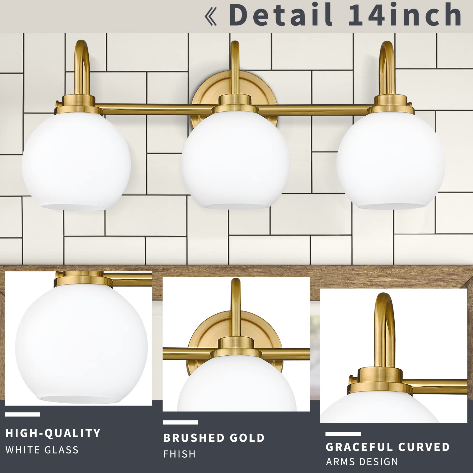 Akezon Gold Bathroom Light Fixtures, 3 Light Gold Modern Bathroom Light Fixtures Over Mirror With White Milk White Globe Glass Shade For Bathroom
