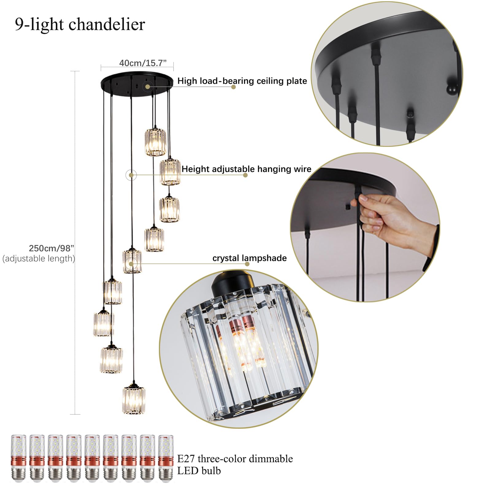 Meimond Modern Crystal Pendant Light - 9 Lights Black Metal Chandelier for High Ceilings, Foyer, Living Room, Model LTD-10