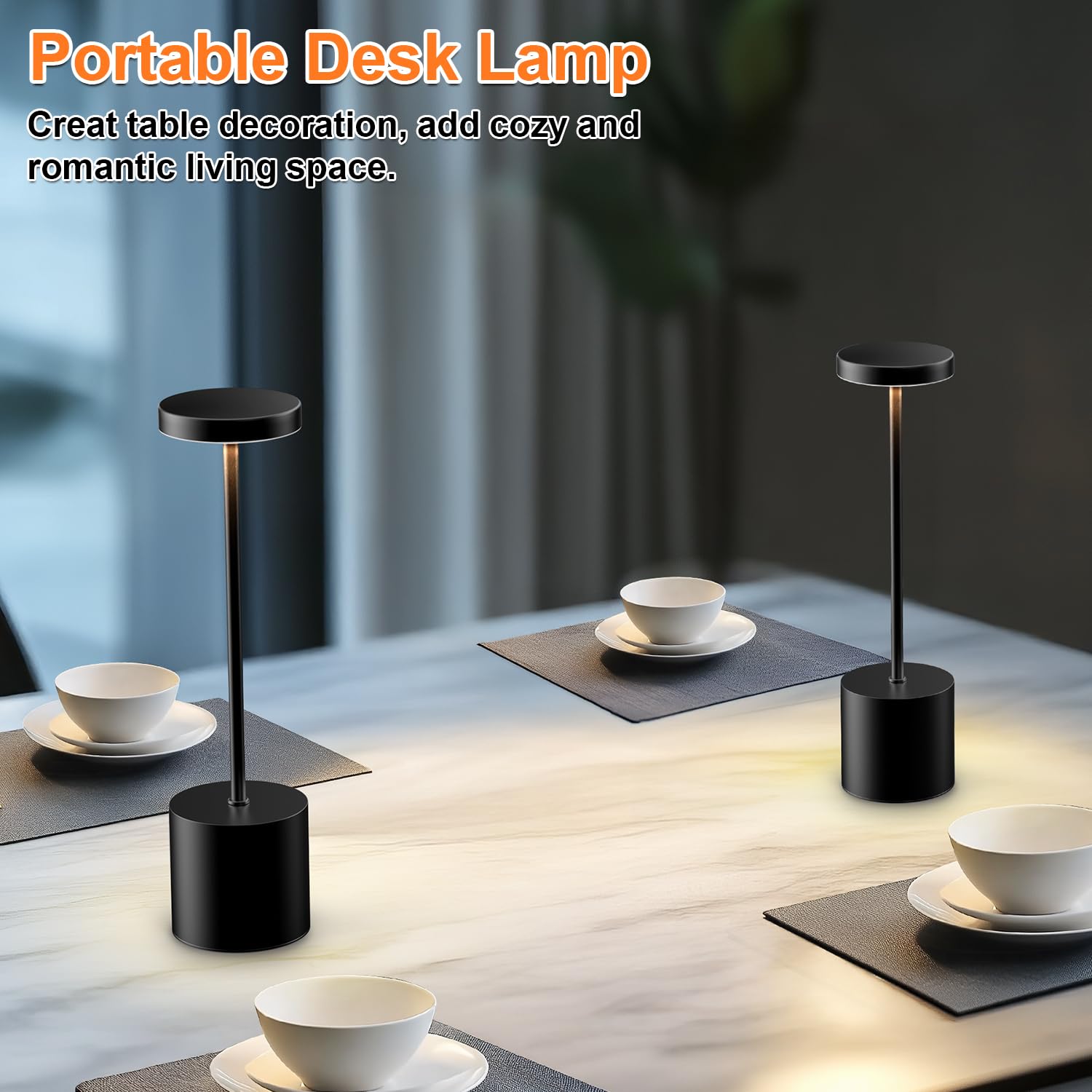 AUDLES Cordless Table Lamp - 2 Pack, 5000mAh Battery, 3-Color Dimmable Light, Small Cylindrical, Black