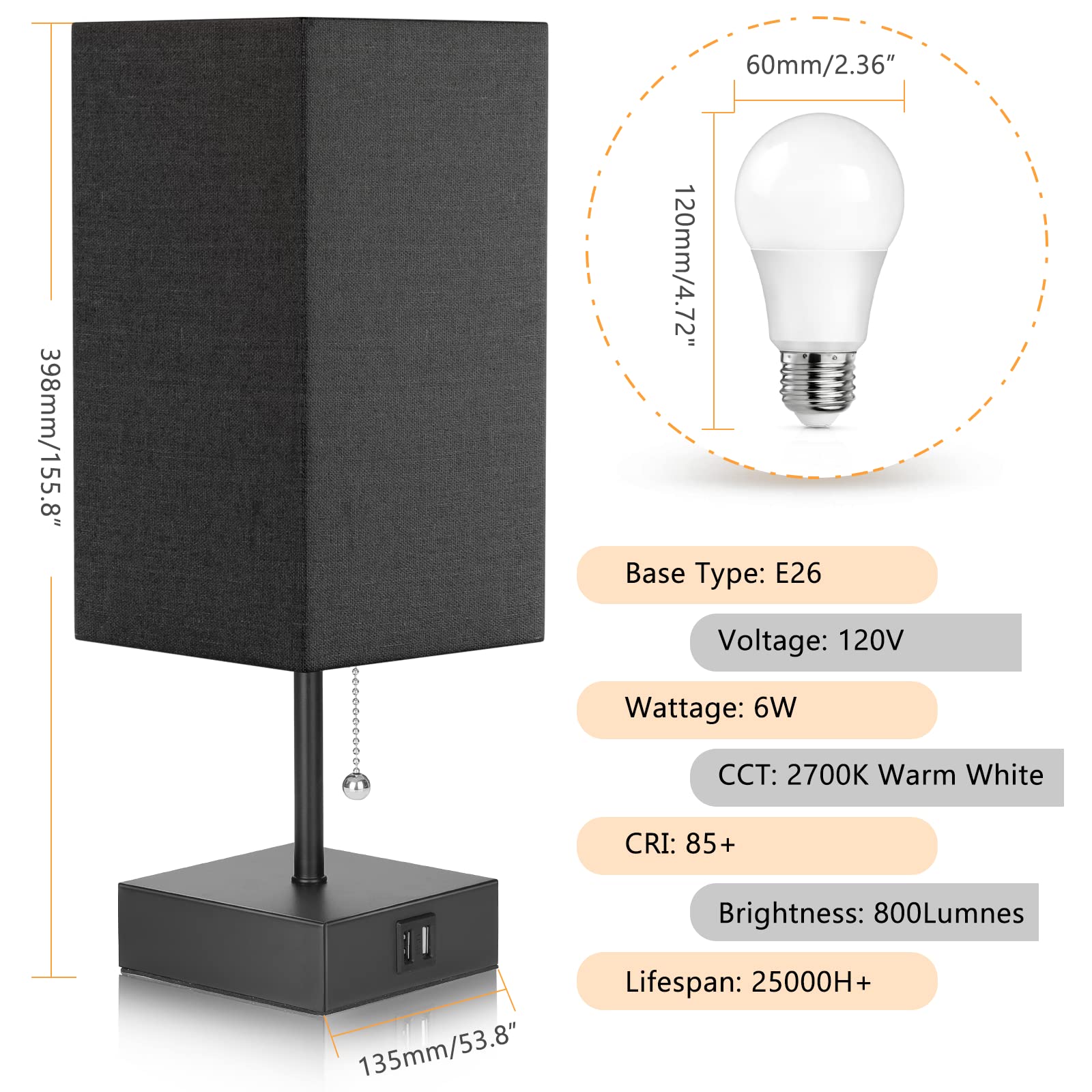Ggoying Usb Bedside Table Lamp, Pull Chain Nightstand Table Lamp With 2700K Led Bulb, Black Fabric Linen Lampshade, Usb C+A Char