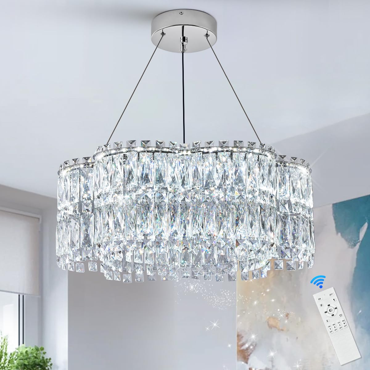 Poemoon 24in Crystal LED Chandelier, Remote Control, Dimmable 3000-6500K, Chrome, Model P40-600C1