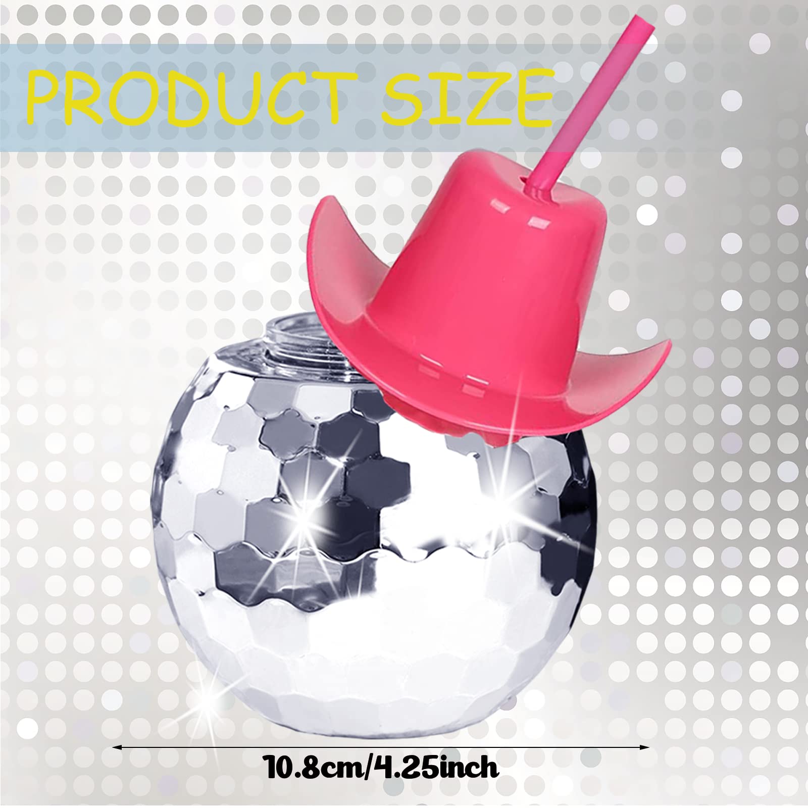 Tongnian Disco Ball Cups, 6 Pcs Silver Plastic Tumblers with Cowboy Hat Lid and Straw, RY-0069, Party Supplies