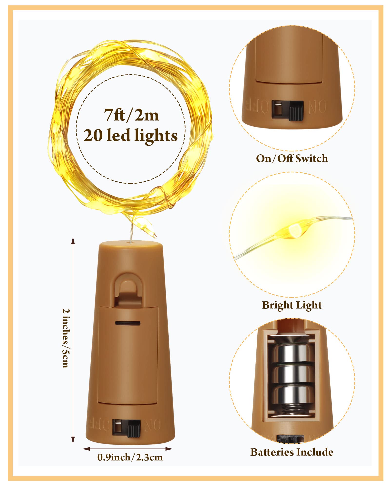 Hortsun 60 Pack Cork Fairy String Lights, 20 LED, 7 ft Silver Wire, Battery Operated, Waterproof, Warm White for Decor and Parties