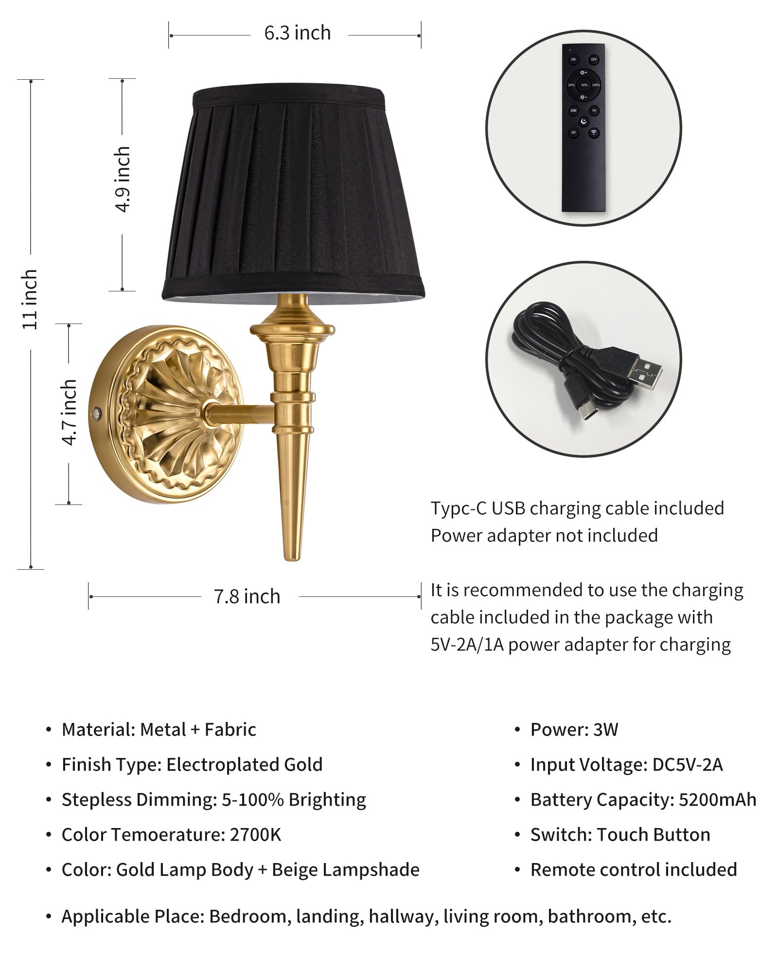 KDG Cordless Wall Sconces Set of 2, Fabric LED Battery Lamps, Black Shade, Portable Lighting for Living Room, Bedroom, Hallway