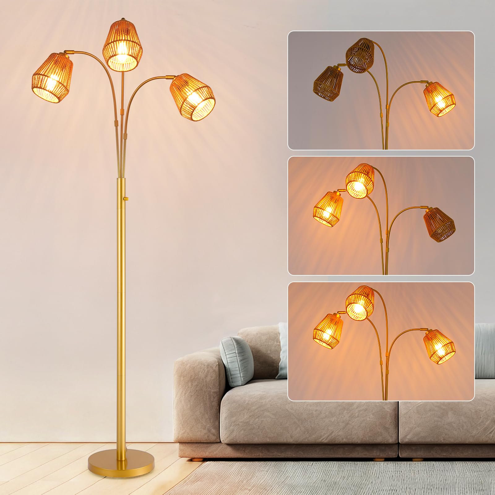 9MMML Vintage Gold Arc Floor Lamp with Rotatable Arms & Rattan Lampshade, 3-Light Mode Rotary Switch Adjustable, 72.5 Tall Sta
