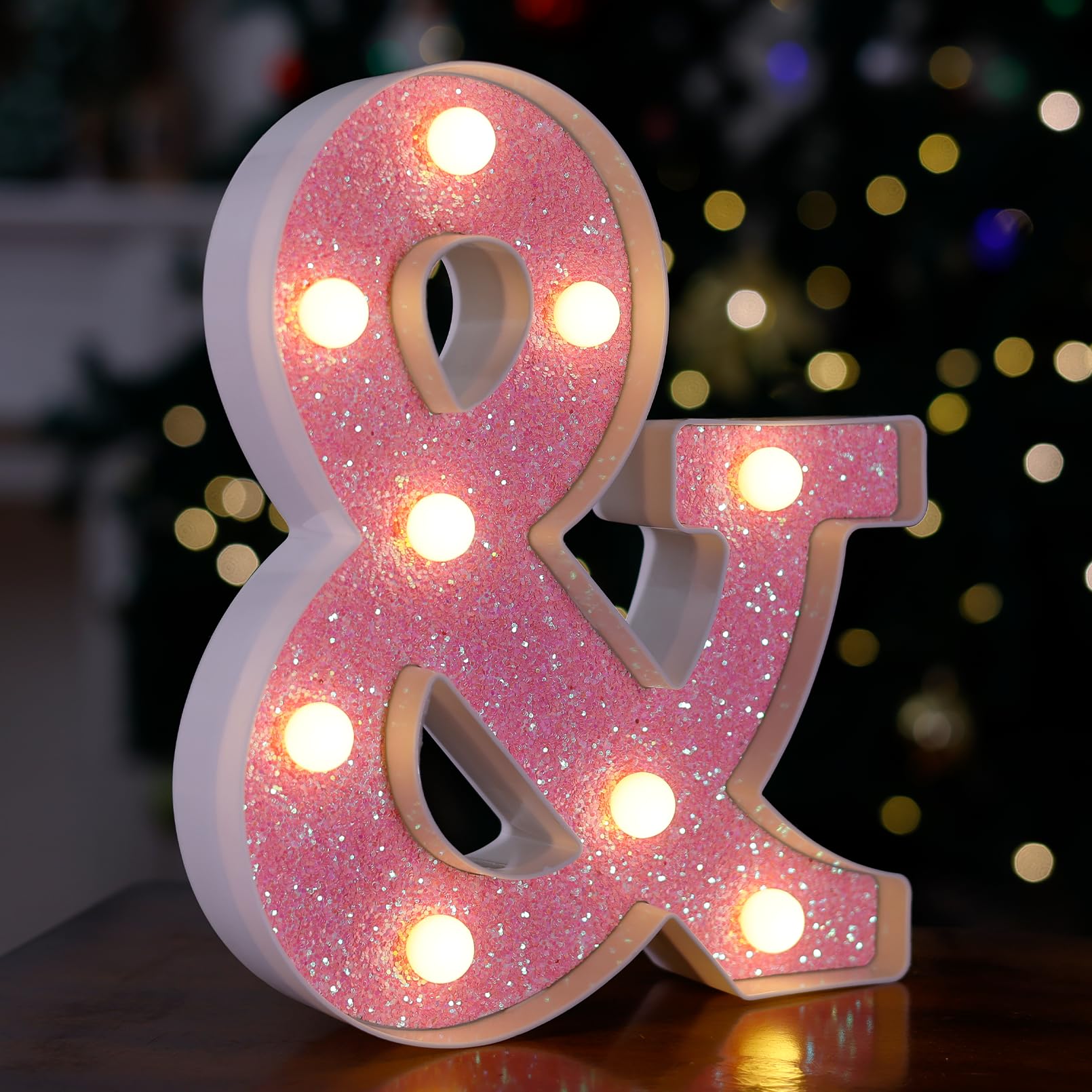 TRONSBOO LED Marquee Letter Light, Pink Glitter, 5.87in x 8.58in, Battery Powered, Plastic, Home Party Decoration, Model Pink-Light-&