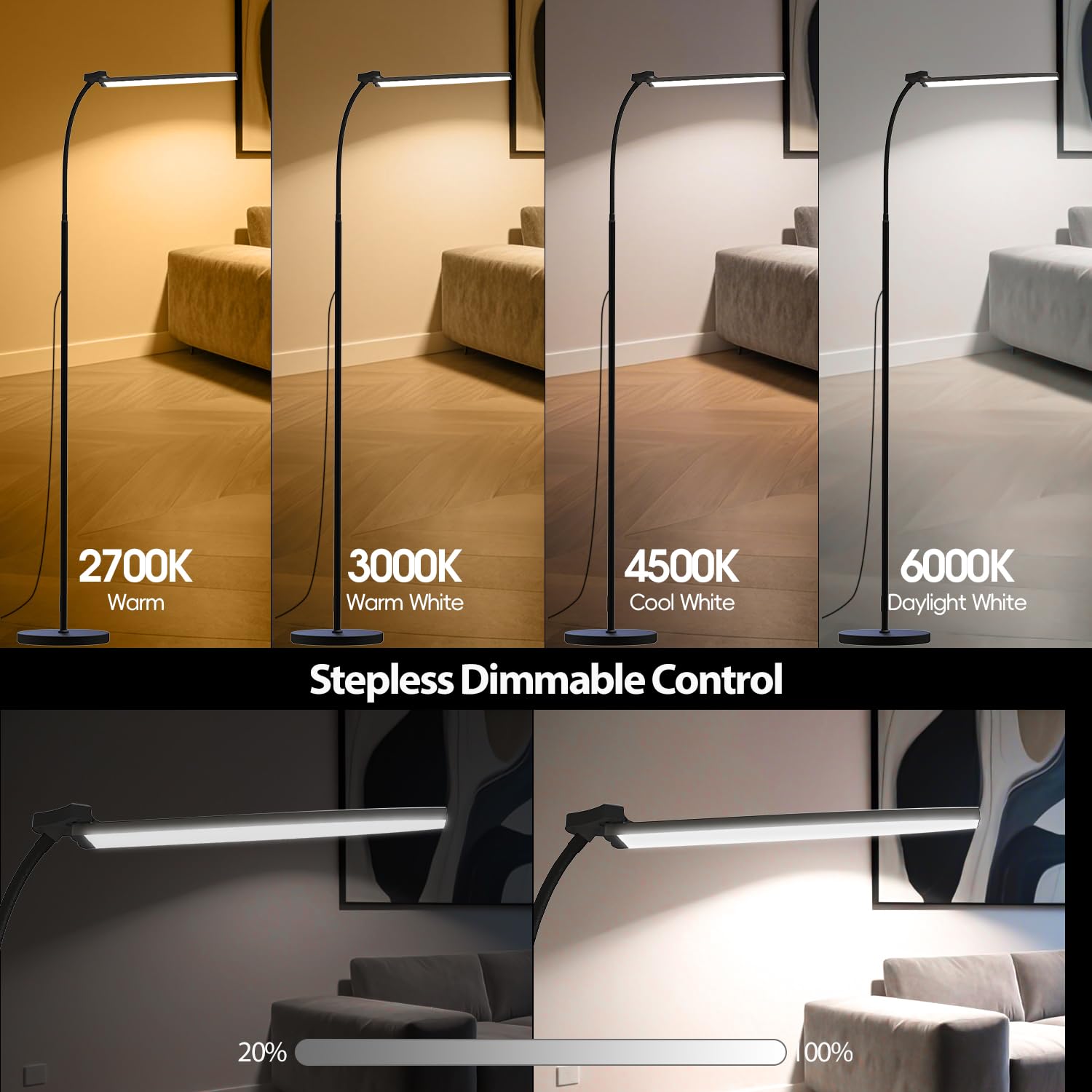 Starmoitic Dual Head Led Floor Lamp For Office 24W/2400Lm Floor Reading Lamp Standing, Task Lamp With Remote, Goose Neck Lash Li