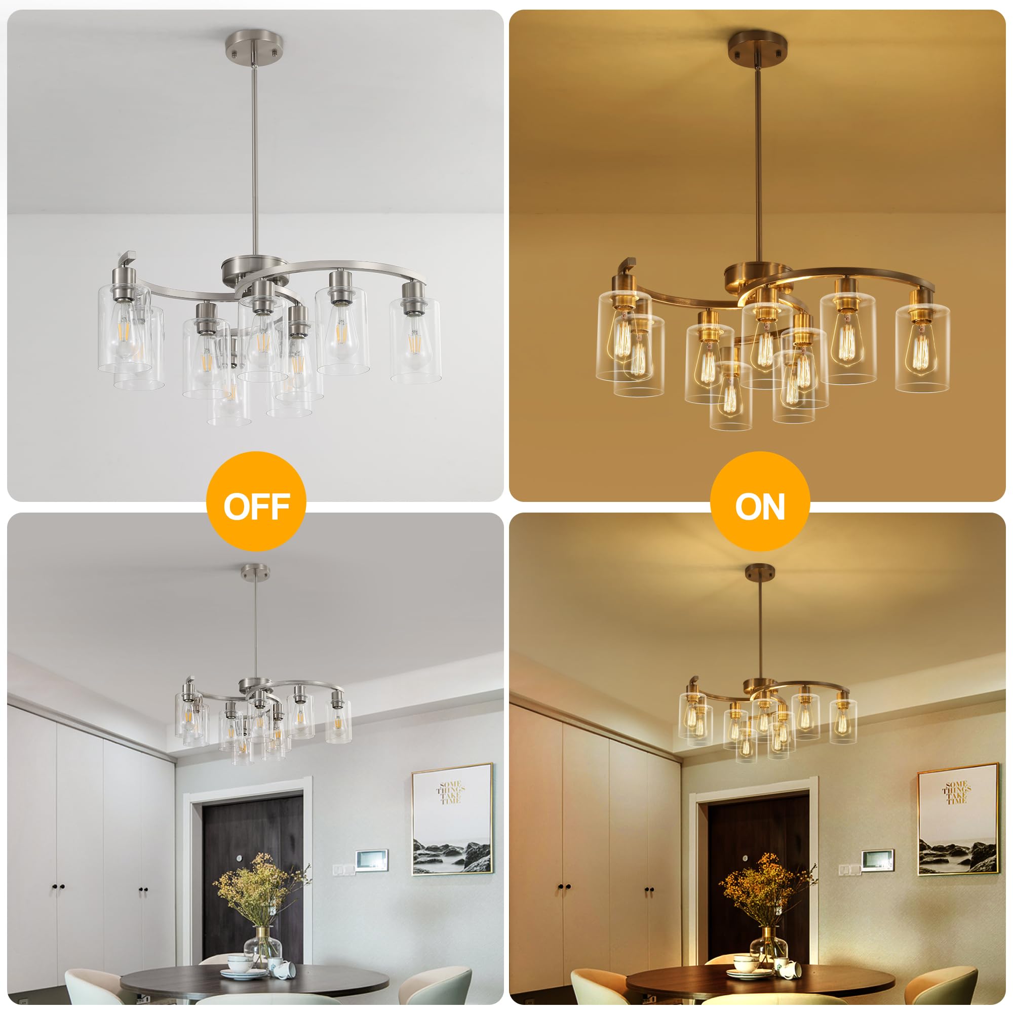 Cnratye 9-Light Brushed Nickel Glass Chandelier, Adjustable Height Hanging Industrial Dining Room Chandelier Over Table, Modern