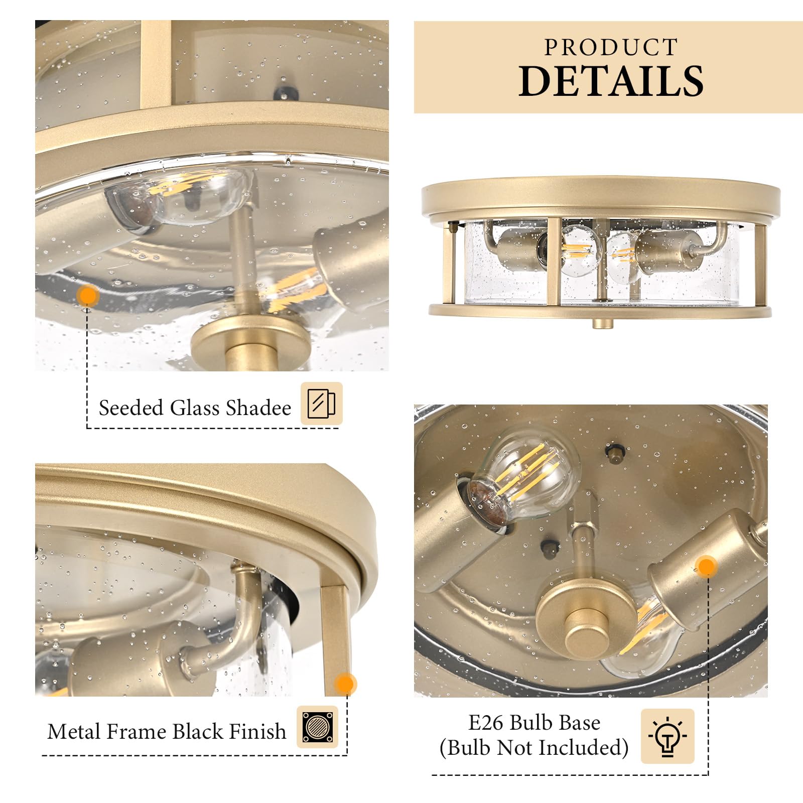 Odorpower Gold Flush Mount Ceiling Light Fixture With Glass Brass Ceiling Light Fixture For Bedroom, Indoor Outdoor Ceiling Lights For Porch Hallway Kitchen