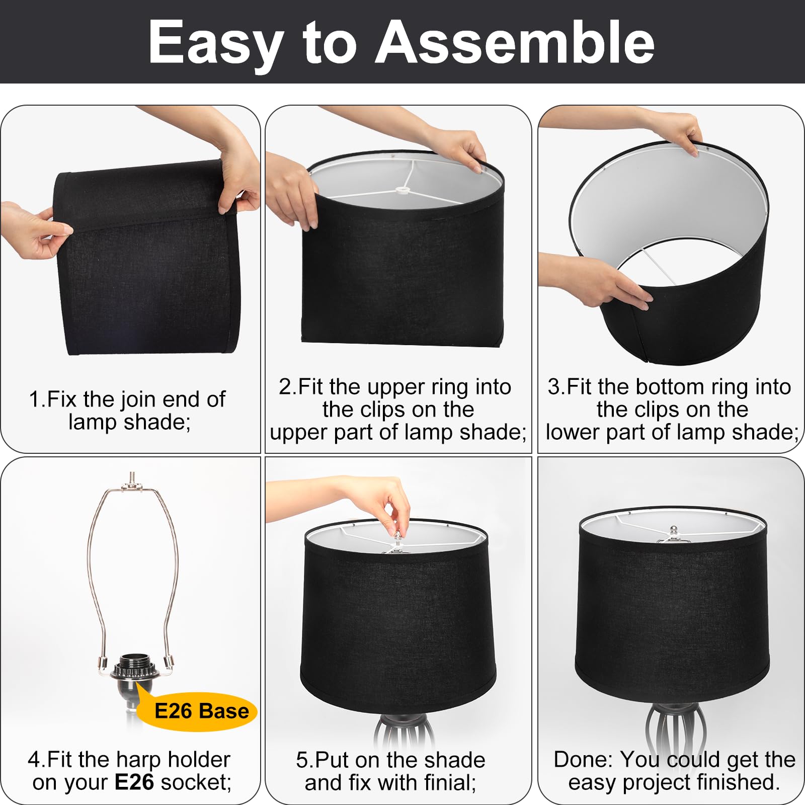 Lampshades Set Of 2, Black Fabric Lampshades 11.6'' Top X 12.6'' Bottom X 9.8'' High Drum Lampshades For Table Lamps, Floor Lamp