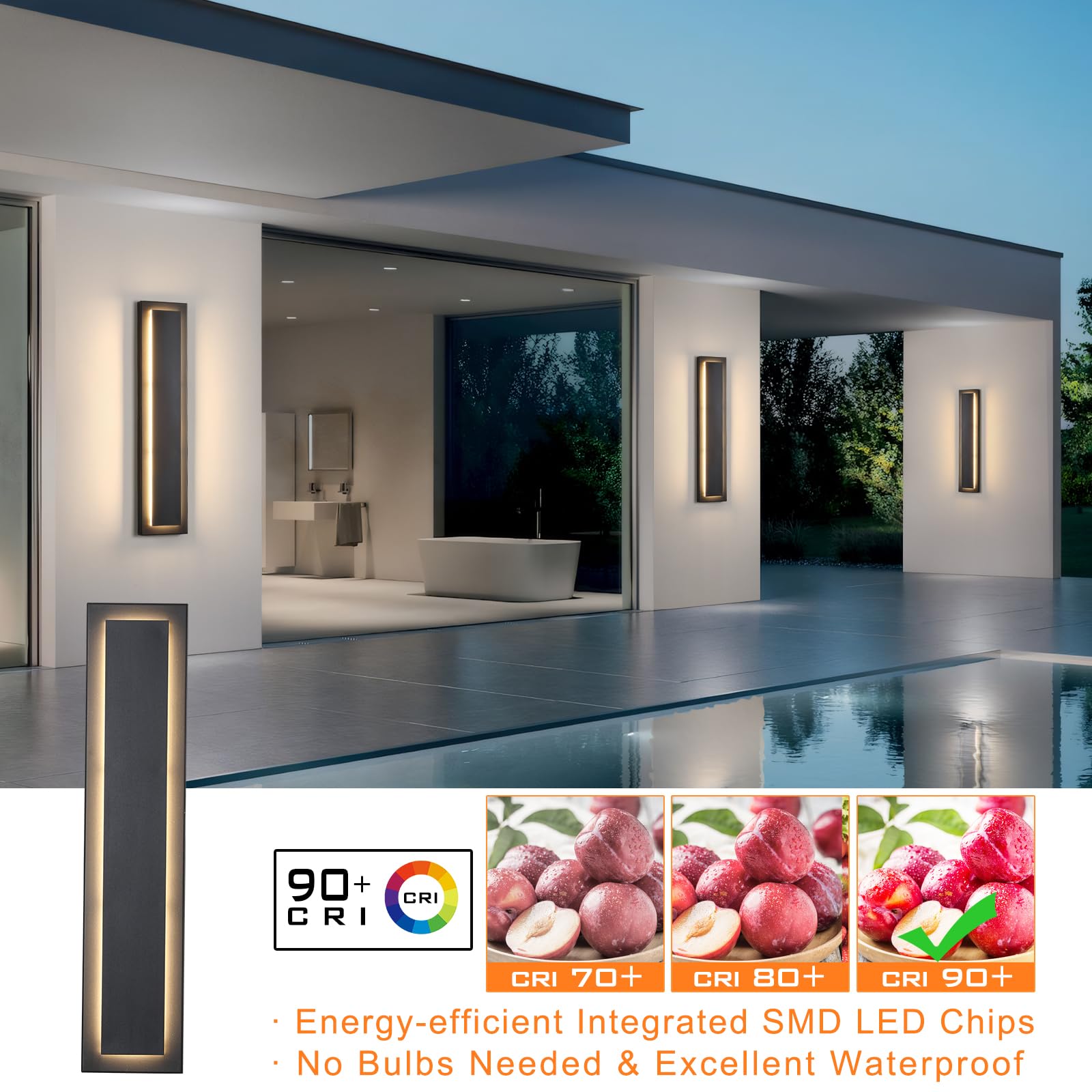 tewei Modern Outdoor Wall Sconce, Black LED Exterior Lighting, 60cm, Warm White 3000K, 2 Pack, Model BWL-602P