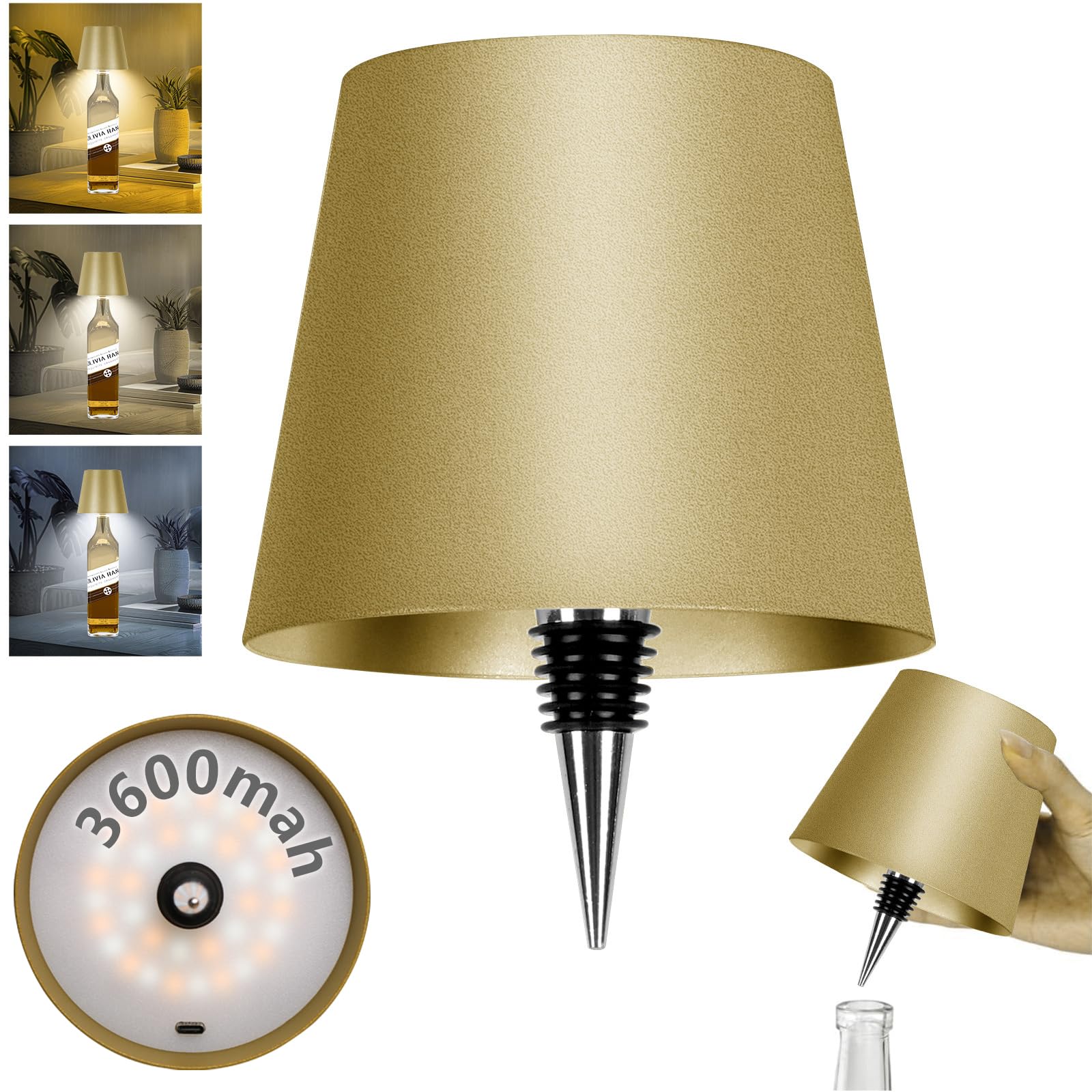 3600mAh Wireless Bottle Lamp, 2025 New 3 Color Rechargeable Wine Bottle Light, Cordless LED Table Light for Bars Restaurants (Go