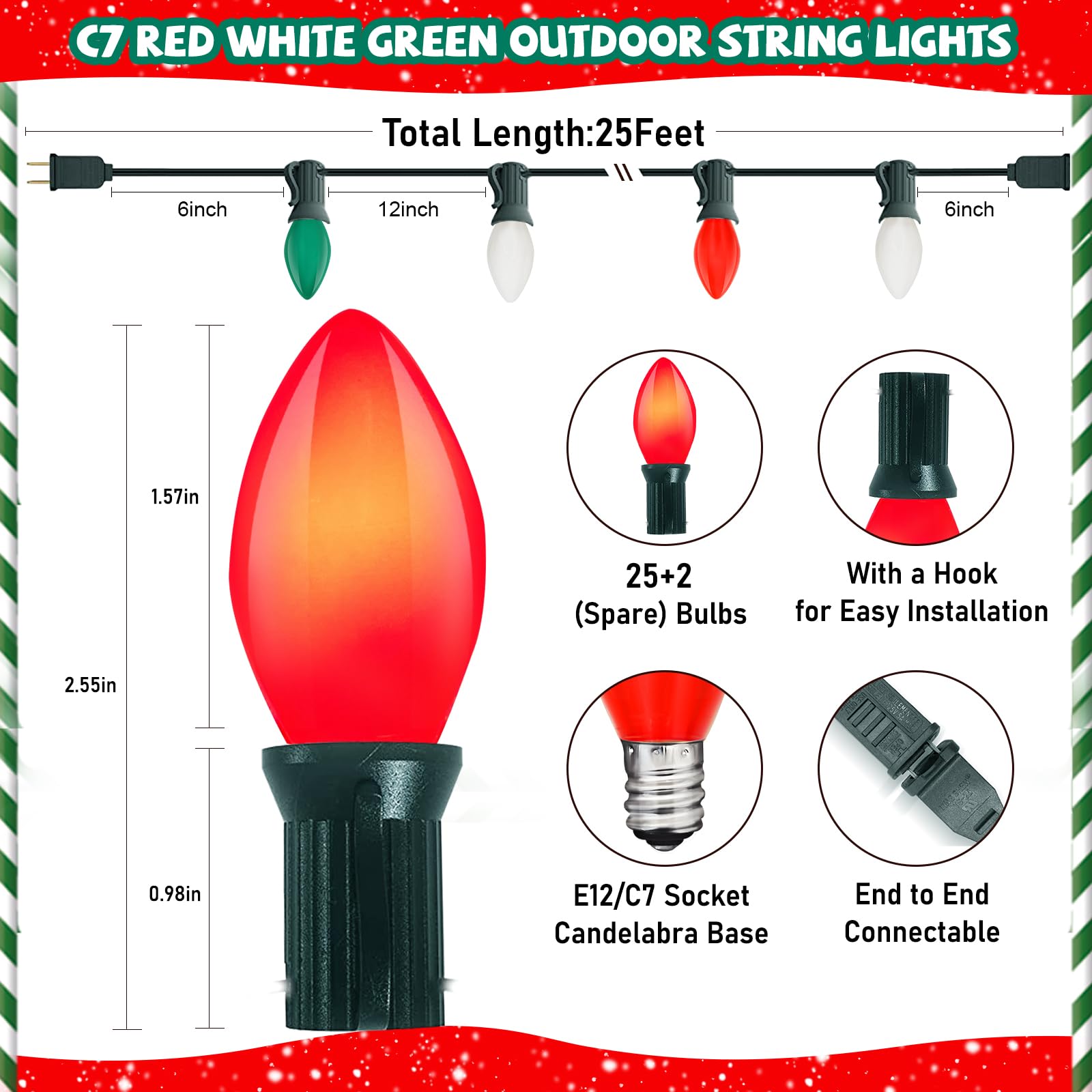 C7 Christmas String Lights, 25Ft Outdoor Christmas Decorations Lights With 27 Led Red White And Green Shatterproof Bulbs, Hangin