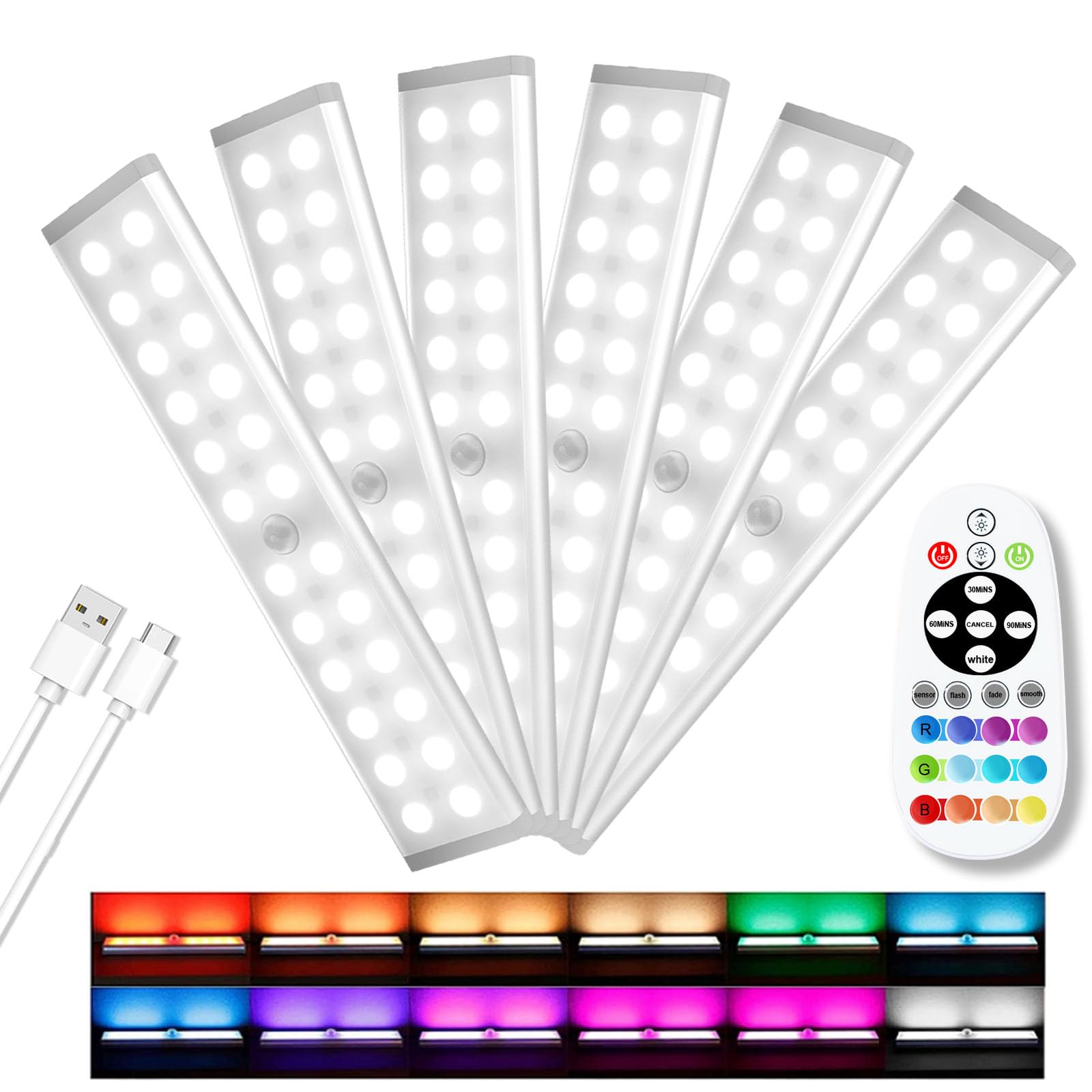 Diomart Under Cabinet Lights, Rechargeable Motion Sensor Light Indoor Night Lights, 58 Led Wireless Under Counter Lighting With Remote Control For Kitchen, Wardrobe, Hallway, Stairs (6 Pcs)