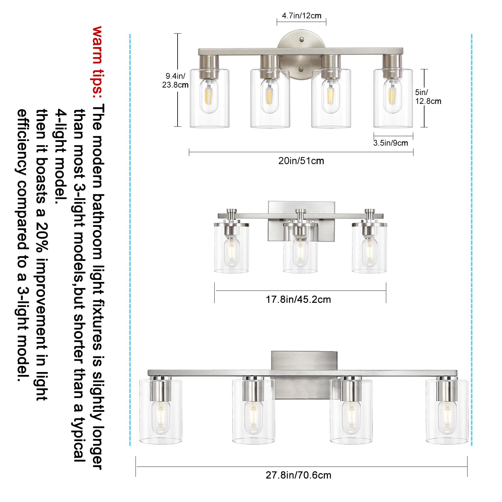 4 Light Bathroom Vanity Light, Farmhouse Bathroom Light Fixtures With Clear Glass Shade, Brushed Nickel Lights For Vanity Mirror