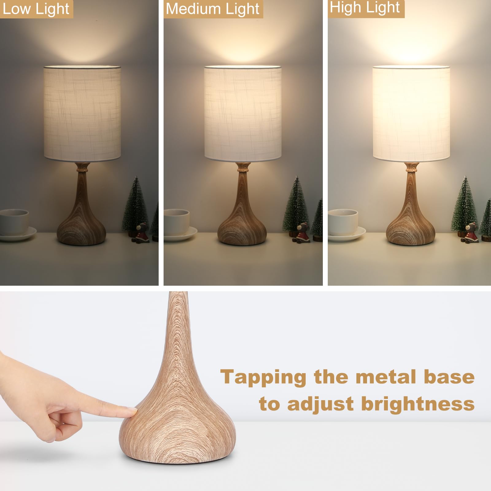 Dimmable Small Table Lamp, Bedside Lamps Touch Control For Bedrooms Nightstand With Wood Grain Base, Desk Lamp Night Light For O