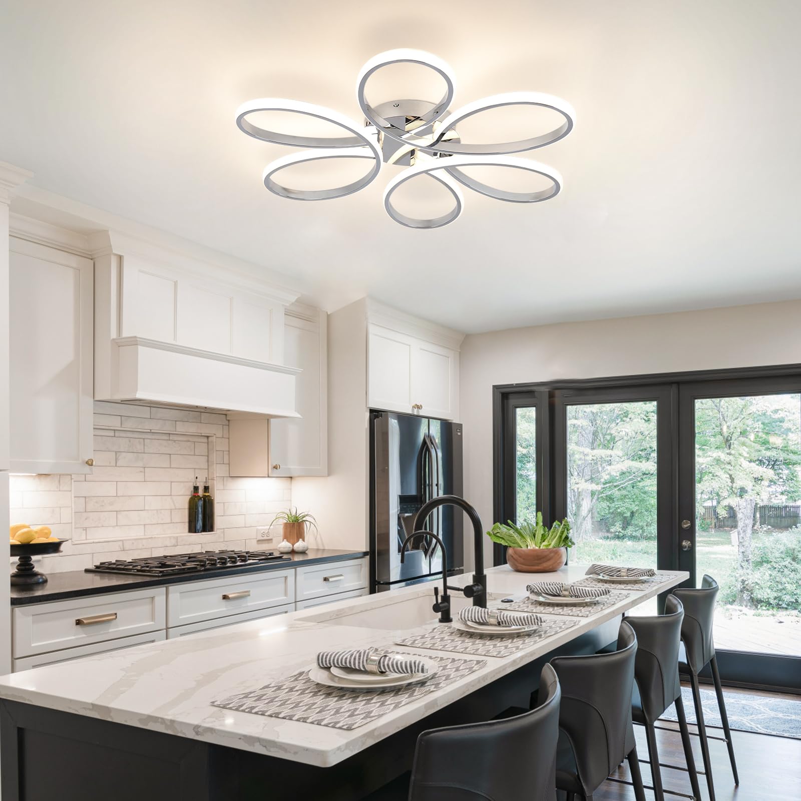 Hlilceh 26Inch Modern Led Ceiling Light, 6 Rings Flower Flush Mount Light Fixture With Remote Control Chrome Dimmable Ceiling La