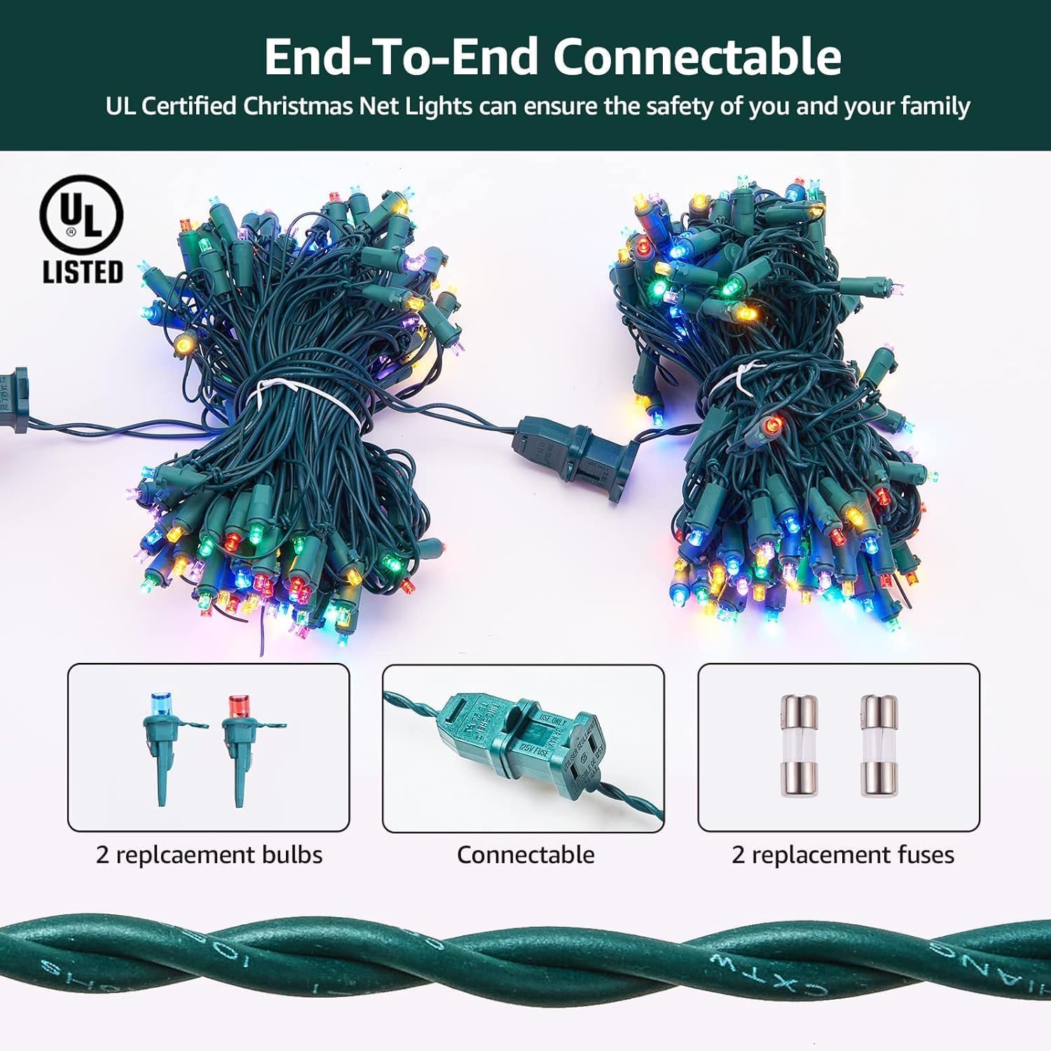 Wabarle LED Christmas Net Lights, 120 LEDs, 5ft x 6ft, Multicolor, Green Wire for Bushes, Trees, Shrubs - Model LEHD-132/3
