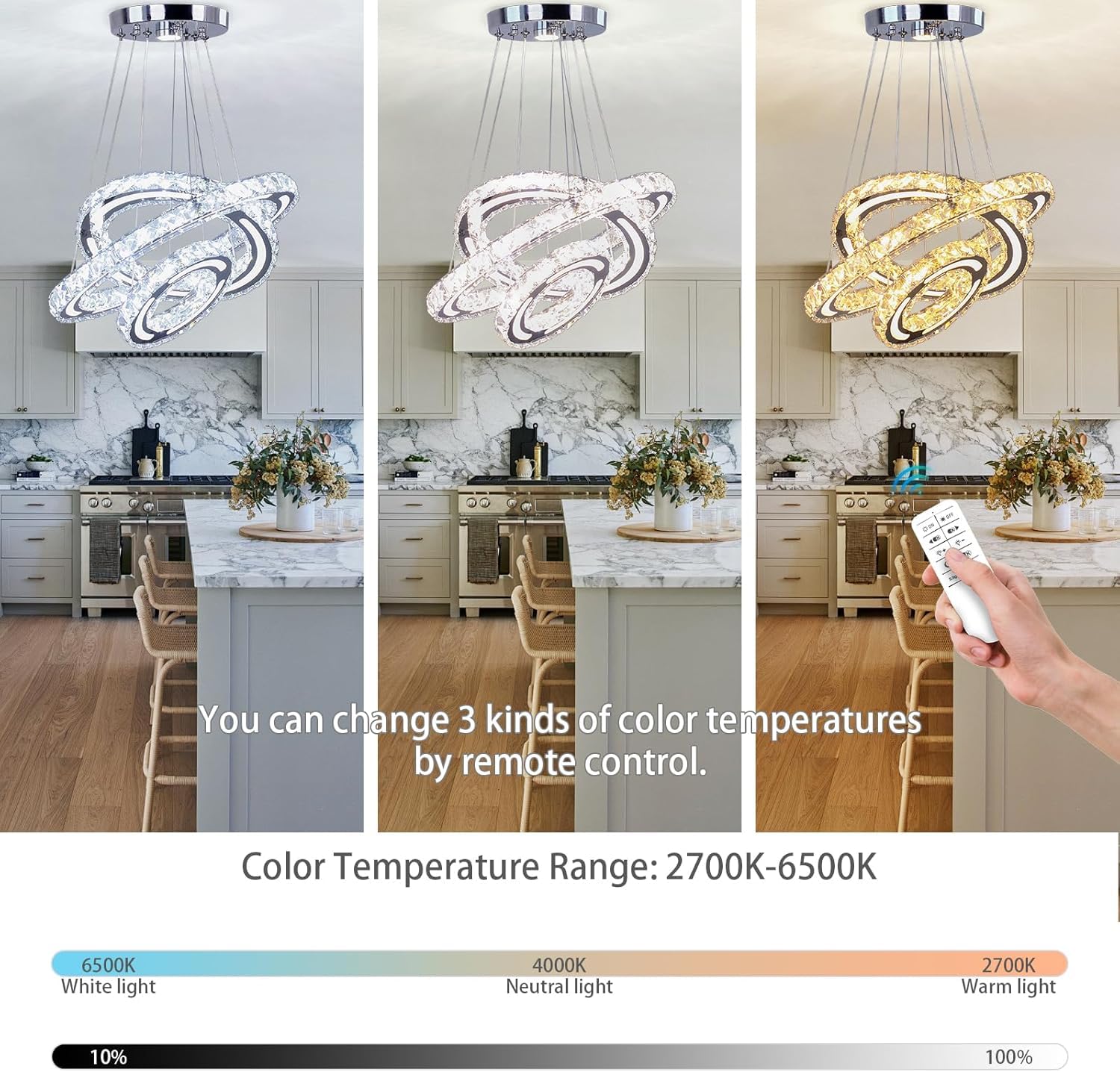 CXGLEAMING Modern Crystal Chandelier LED Pendant Light, Dimmable, 3 Rings, 180mm Base, 153 Crystals for Kitchen, Dining, Living Room