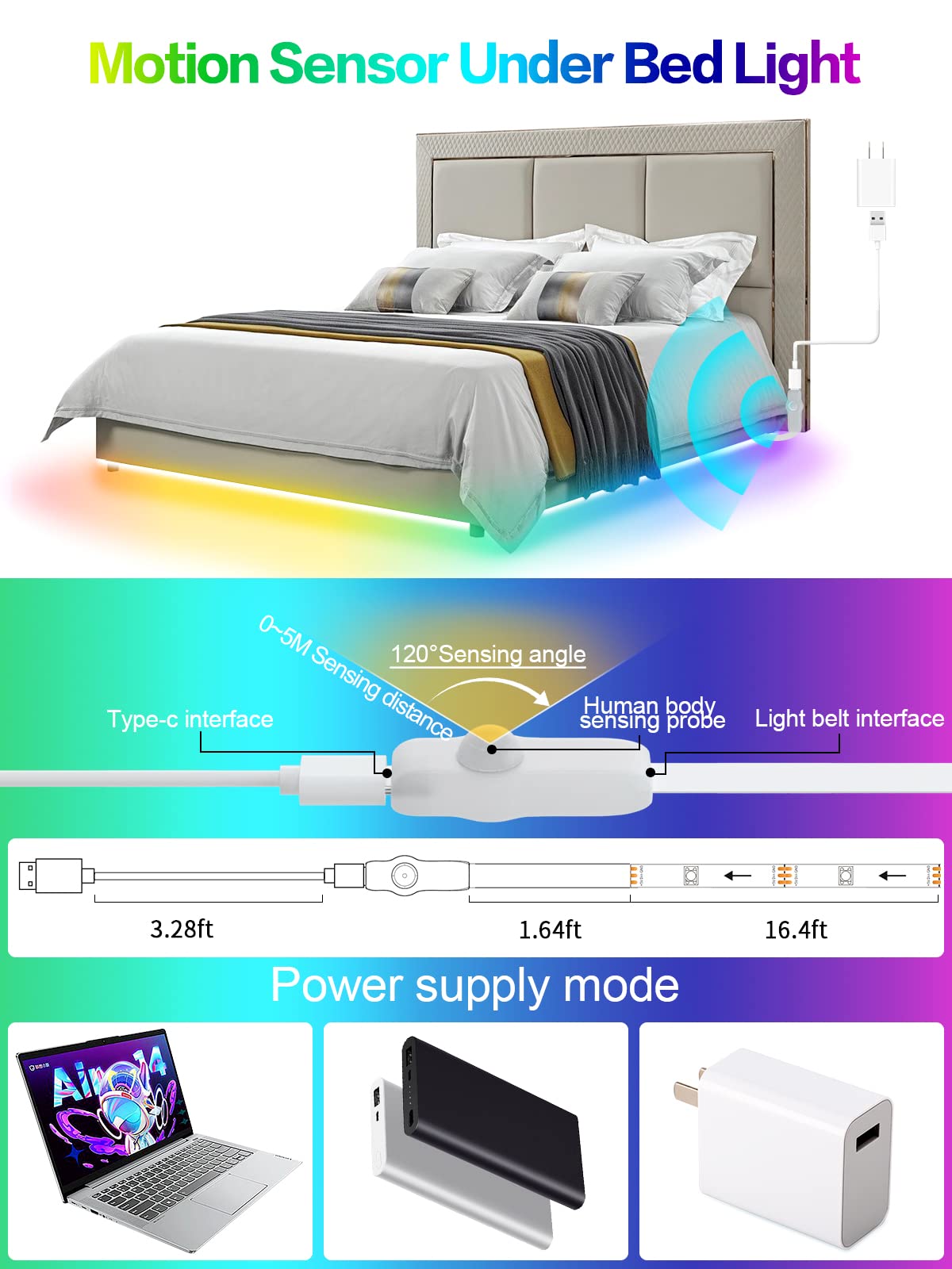 Kantutoe Motion Activated Led Light Strip, 16.4Ft Motion Sensor Led Light Indoor With App Control, Under Bed Lights Motion Senso