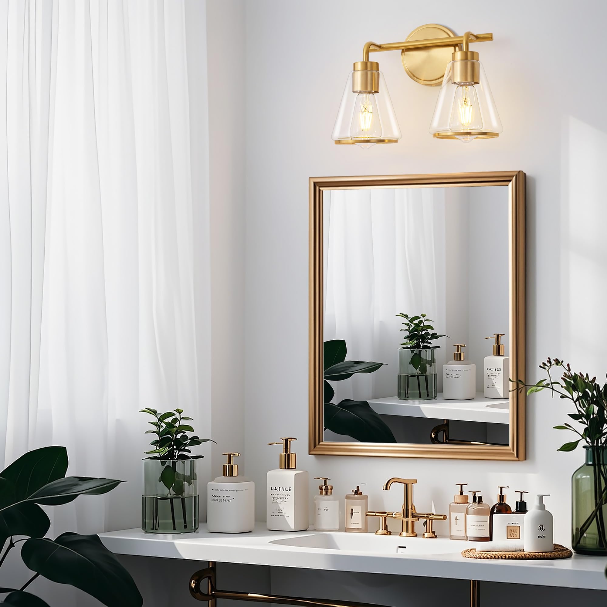 Nadosa Bathroom Light Fixtures Over Mirror Gold Vanity Light 2-Lights With Clear Glass Shade 14 Inch Modern Wall Sconces Bath Light