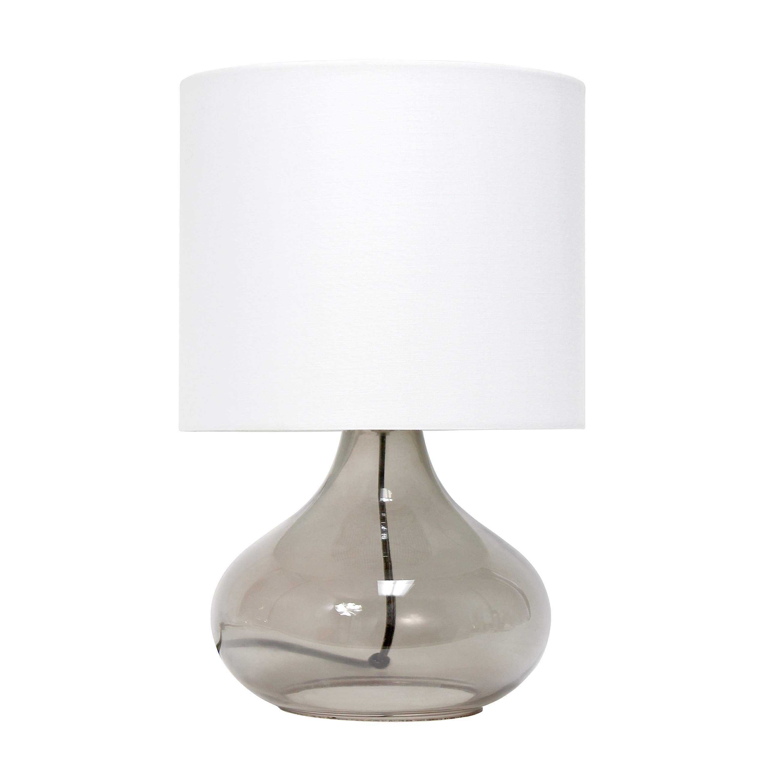 Simple Designs Lt2063-Smw Small Glass Raindrop Bedside Table Lamp With White Fabric Shade, Smoke Gray