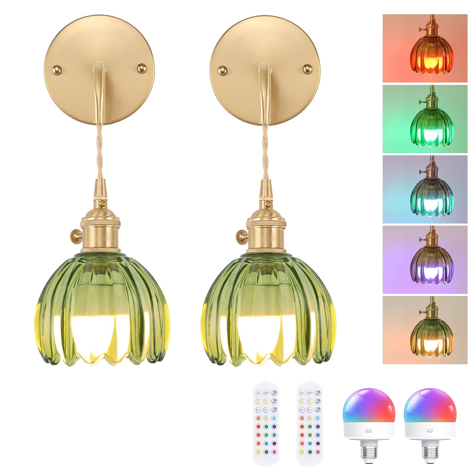 Shenmoyl Battery Operated Wall Sconce, Green Tulip Shade, Brass, 2 Pack, Model 1-9381, Retro Gold Indoor Lighting