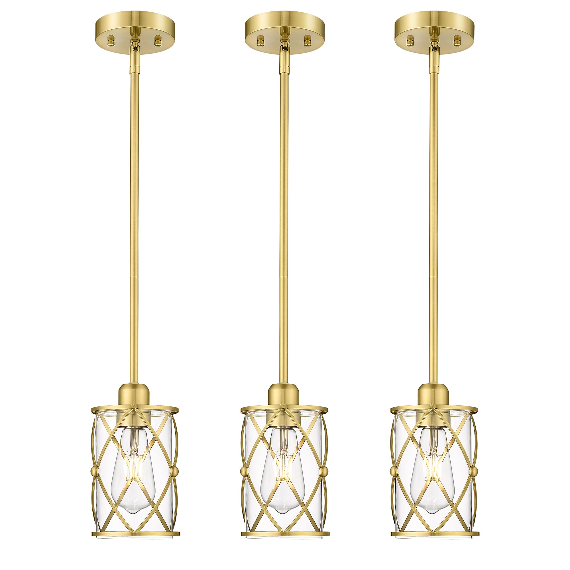 Osimir Brushed Gold Pendant Lights Kitchen Island 3 Pack, Glass Kitchen Pendant Lighting Over Island with Rod, Modern Mini Hangi